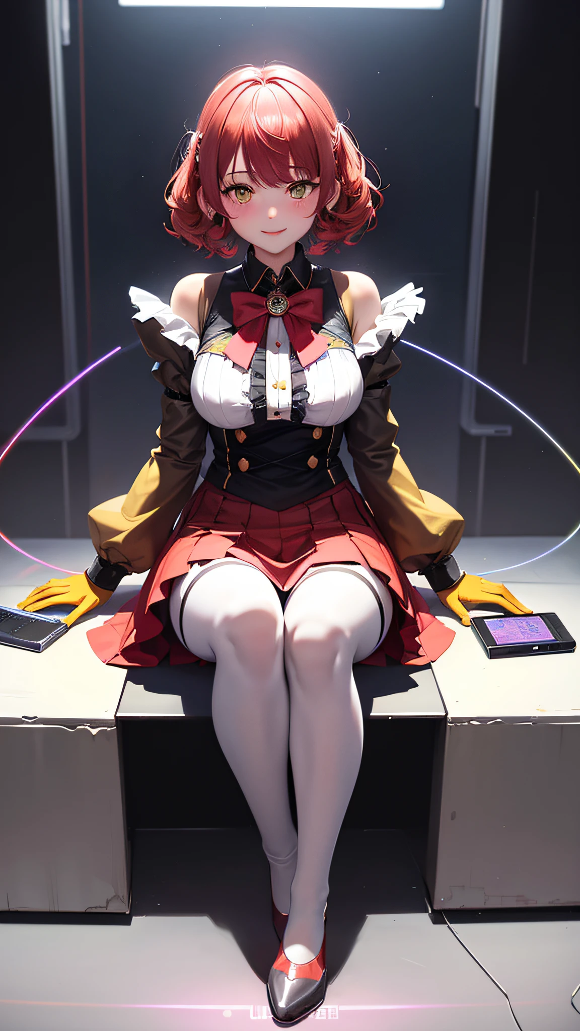 straight-on, cinematic angle, reference sheet,, outdoor, sunshine girl, red skirt, yellow gloves, red booties, yellow stockings, solo, full body, see-through, sitting, long legs, bow legs, modern, {{{translucent}}}, {{translucent}}}}, {{{{official art}},, holographic interface, computers, machines, neon decoration, rear image, shiny skin, shiny clothes, water eyes, ((blush)), ((happy)), laughter, high, weird, incredibly ridiculous, solo, game cg, diffraction sting, eye reflection, glowing hair, ((red hair)), backlight, light particles, light rays, magic, glass, light, shadows, white pupils, magic girl, gemstones, shorts under a short skirt, pantyhose, silver trim, frills, holographic interface, holographic display, electricity, no bangs, explosive head, Short hair, curly hair, gold trim, silver trim, tassel trim, hair trim, hexagon, triangle