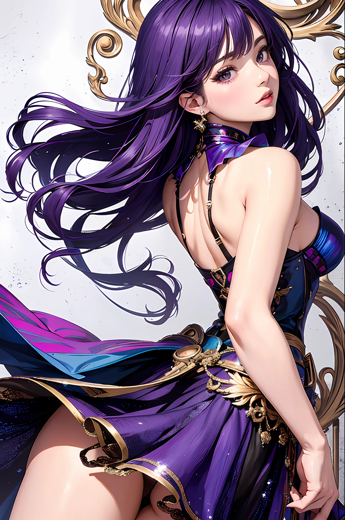 (Masterpiece, Top Quality, Official Art, Beautifully Aesthetic, Beautifully Aesthetic: 1.3, Detailed Detail, High Resolution: 1.4), (1 person: 1.3, Dynamic Pose), (Beautiful woman like a goddess), (Medium purple hair), Attractive makeup, Eyelashes, Attractive and revealing back view, Thigh view up, Gorgeous face, Subsurface scattering, Shine, Shine, Iridescent 、