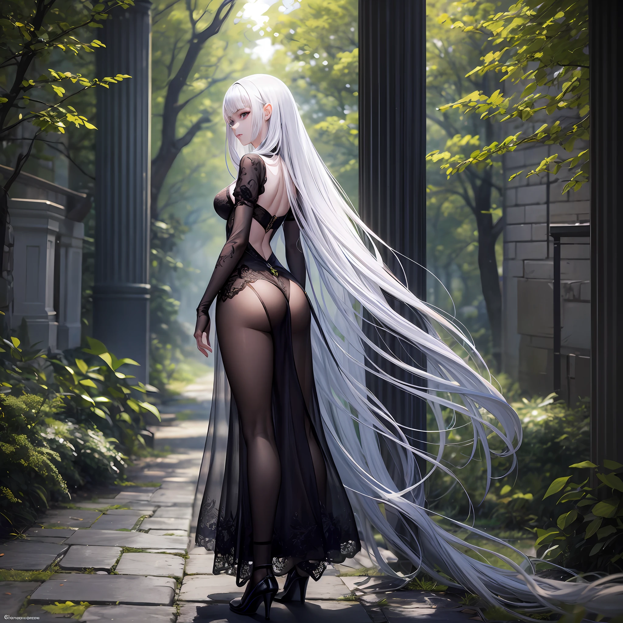 FS, an albino girl with perfect 10 features and long black Rapunzel-like hair, stands in a picturesque Avatar-like scene. Her body is graceful with a petite bust and slender legs. The girl looks stunning in a sheer organza dress with intricate designs. Her high-heeled shoes are elegant with golden patterns. The sunlight creates a subtle silhouette around her contours from the back, while soft and filling light illuminates her from the front. This scene has photorealistic qualities and is a concept art that creates a wow effect of:2. It can be found on the website 500px with hyper-superior details of:2. --auto --s2