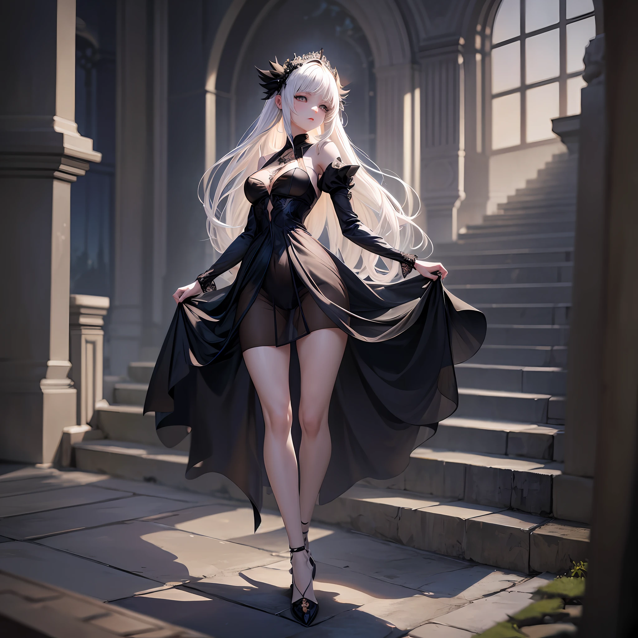 FS, an albino girl with perfect 10 features and long black Rapunzel-like hair, stands in a picturesque Avatar-like scene. Her body is graceful with a petite bust and slender legs. The girl looks stunning in a sheer organza dress with intricate designs. Her high-heeled shoes are elegant with golden patterns. The sunlight creates a subtle silhouette around her contours from the back, while soft and filling light illuminates her from the front. This scene has photorealistic qualities and is a concept art that creates a wow effect of:2. It can be found on the website 500px with hyper-superior details of:2. --auto --s2