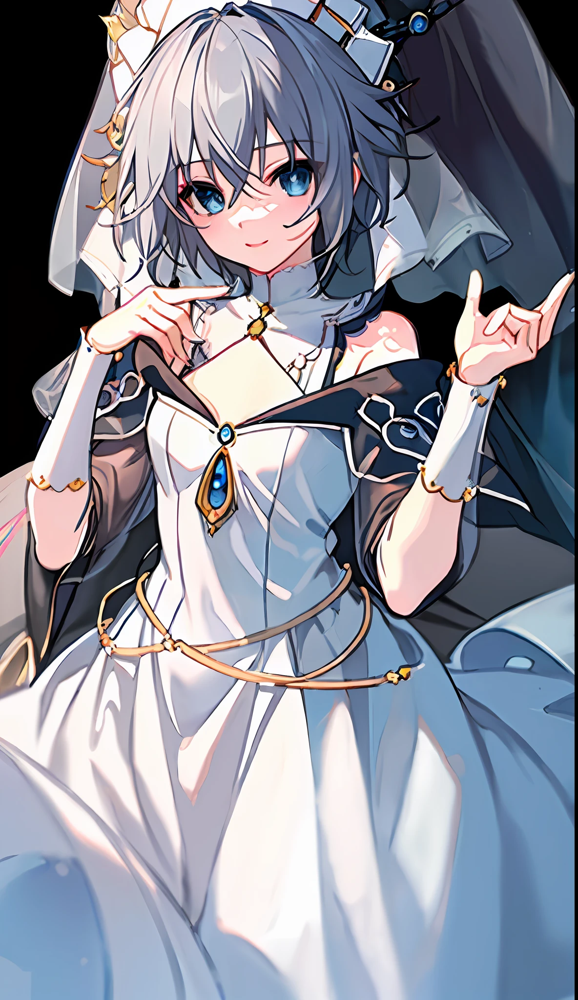 (((Masterpiece)))), (((highest quality)))), (((very detailed))), detailed fingers, precise fingers, non-unnatural hands, gold hair ornament, white sister hat, illustration, black sister's veil, black monastic clothing, NIA,