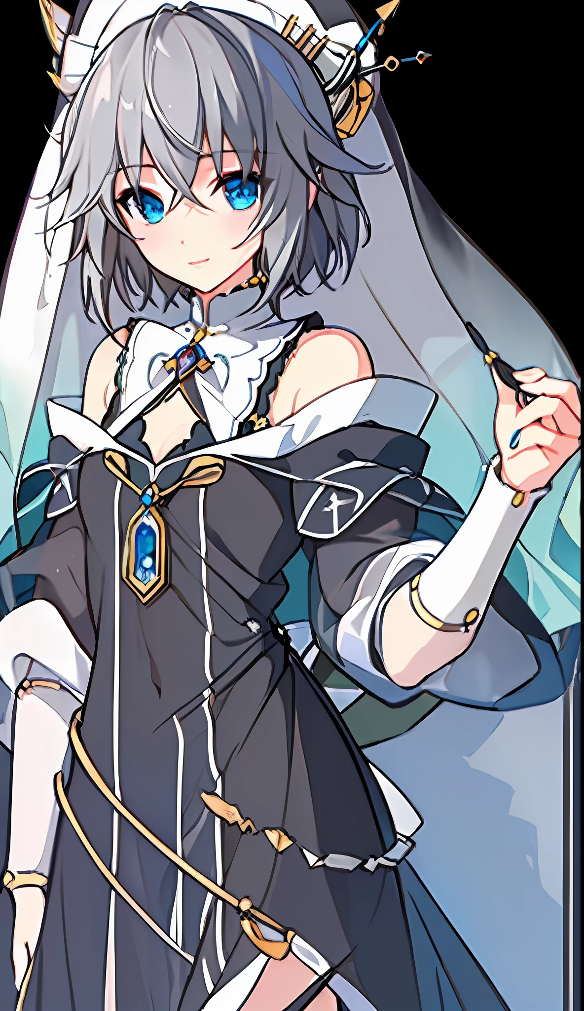 (((Masterpiece)))), (((highest quality)))), (((very detailed))), detailed fingers, precise fingers, non-unnatural hands, gold hair ornament, white sister hat, illustration, black sister's veil, black monastic clothing, NIA,