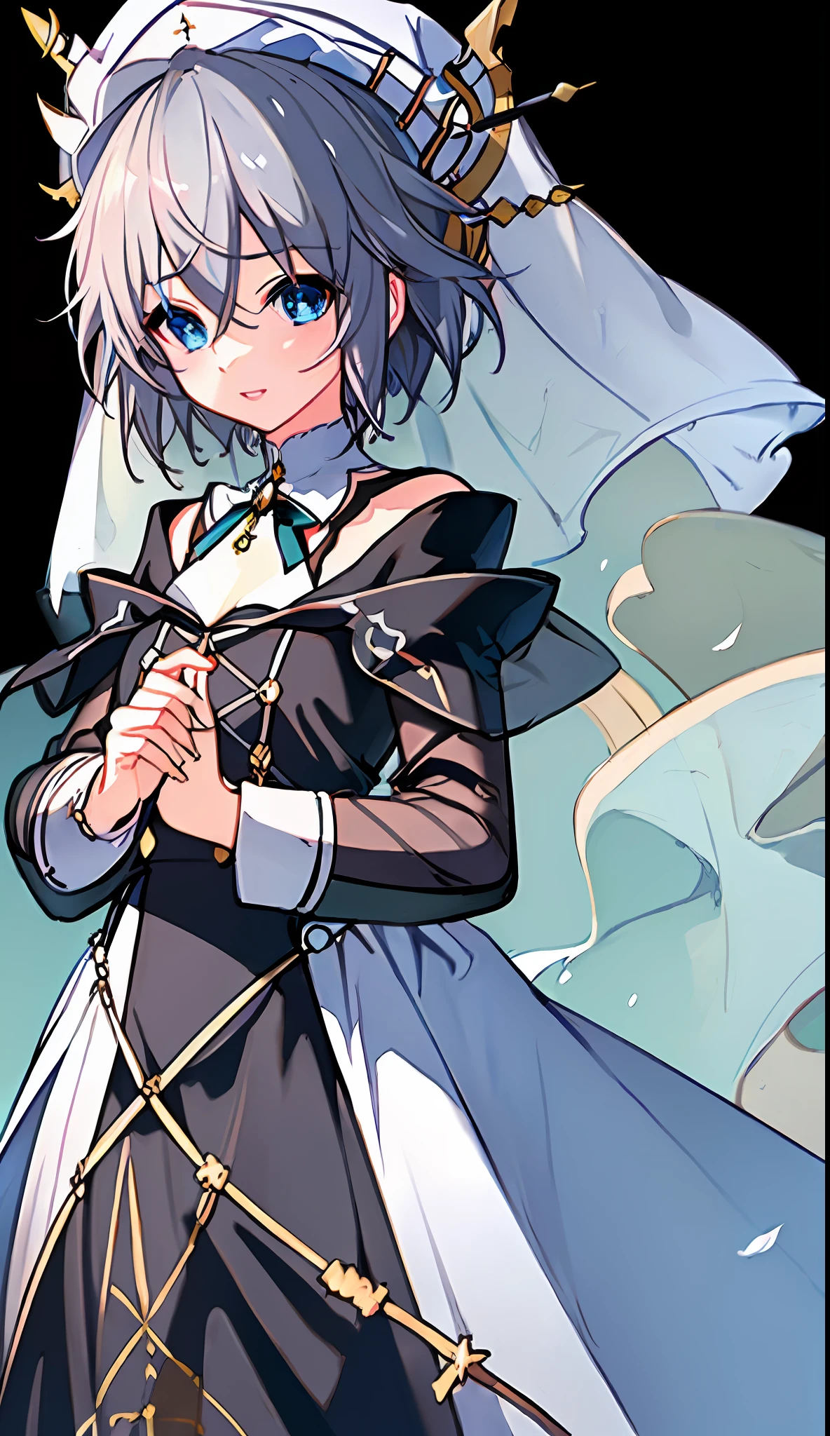 (((Masterpiece)))), (((highest quality)))), (((very detailed))), detailed fingers, precise fingers, non-unnatural hands, gold hair ornament, white sister hat, illustration, black sister's veil, black monastic clothing, NIA,