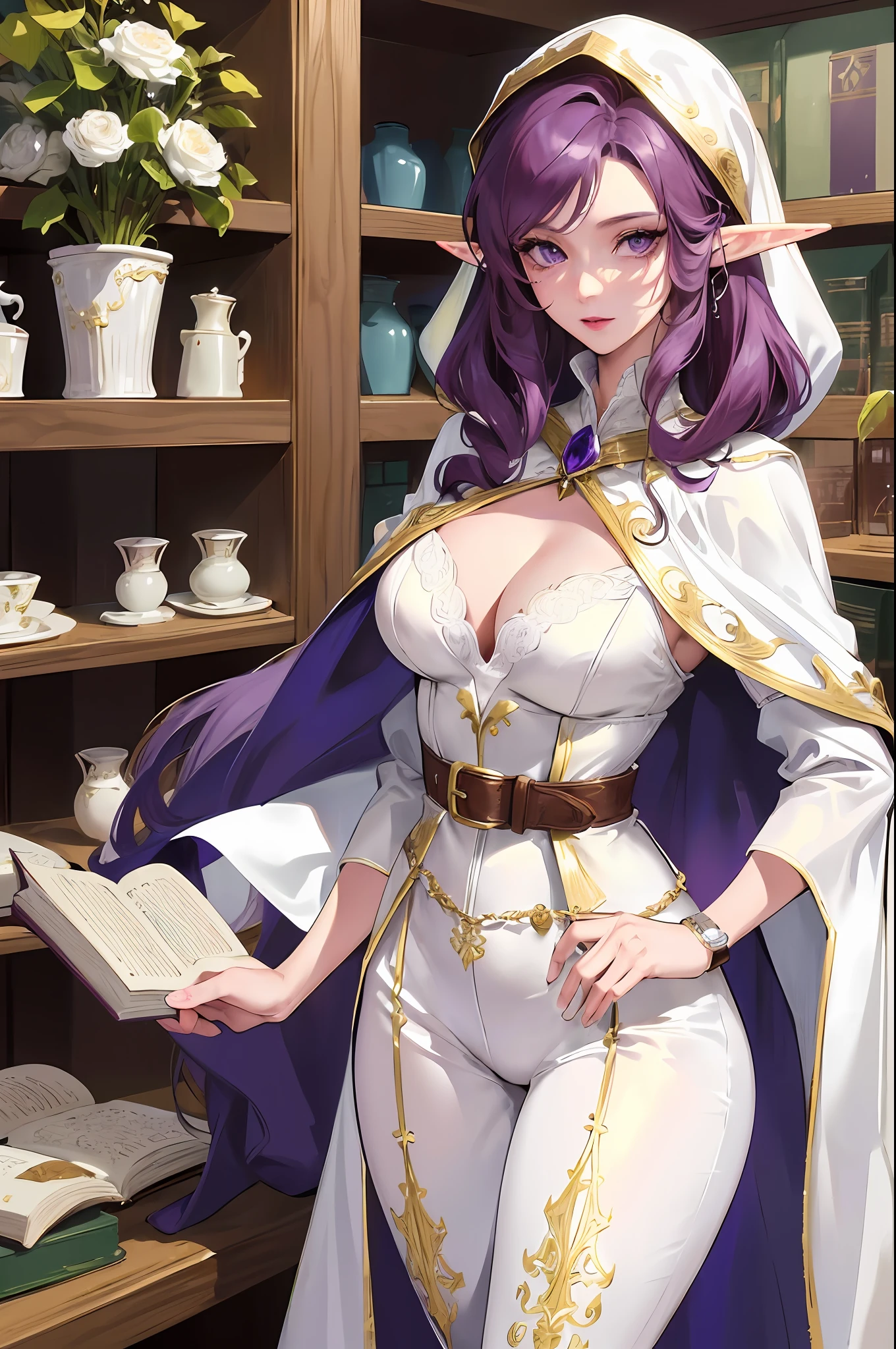 elf merchant, trade, masterpiece, best quality, super detailed, illustration, super detailed face, best face, shop, 30 years old, adult, 1girl, 30 years old, human wife, elf, purple curly hair, white suit, cape, white silk underwear, expensive silk belt, watch, feathers, book, intricate detail outfit