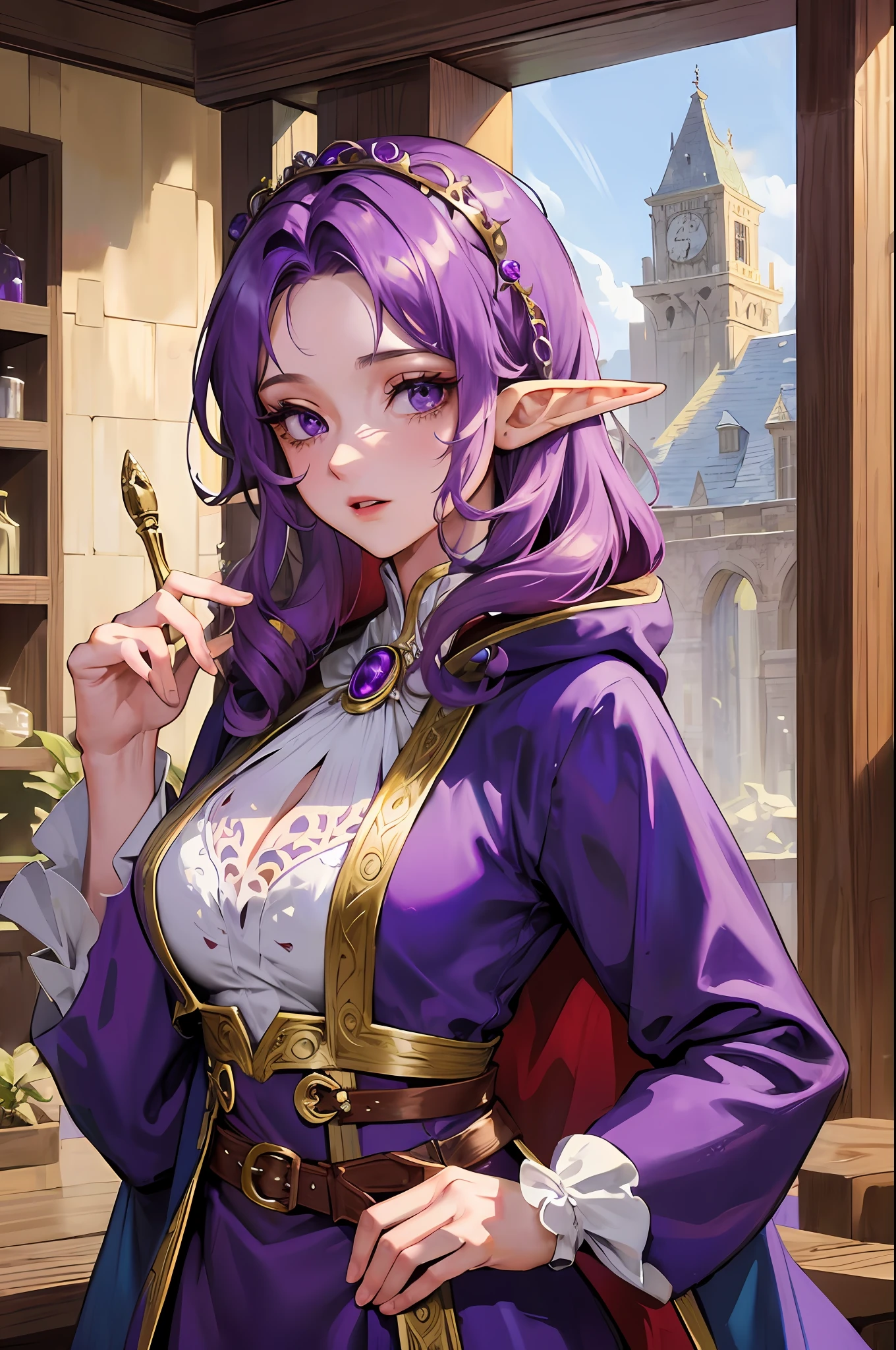 elf merchant, trade, masterpiece, best quality, super detailed, illustration, super detailed face, best face, shop, 30 years old, adult, 1girl, 30 years old, human wife, elf, purple curly hair, purple suit, metal belt intricate detail garment