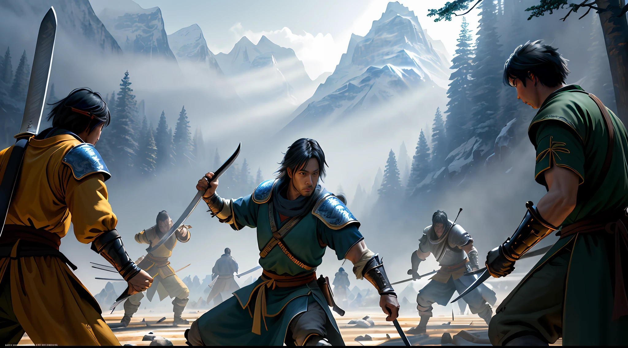 masterpiece, very detailed, ultra realistic, detailed background, bright lighting, daylighting,
(swordsman fighting bandits in a square surrounded by forests), (mountain hut), (wide angle),
