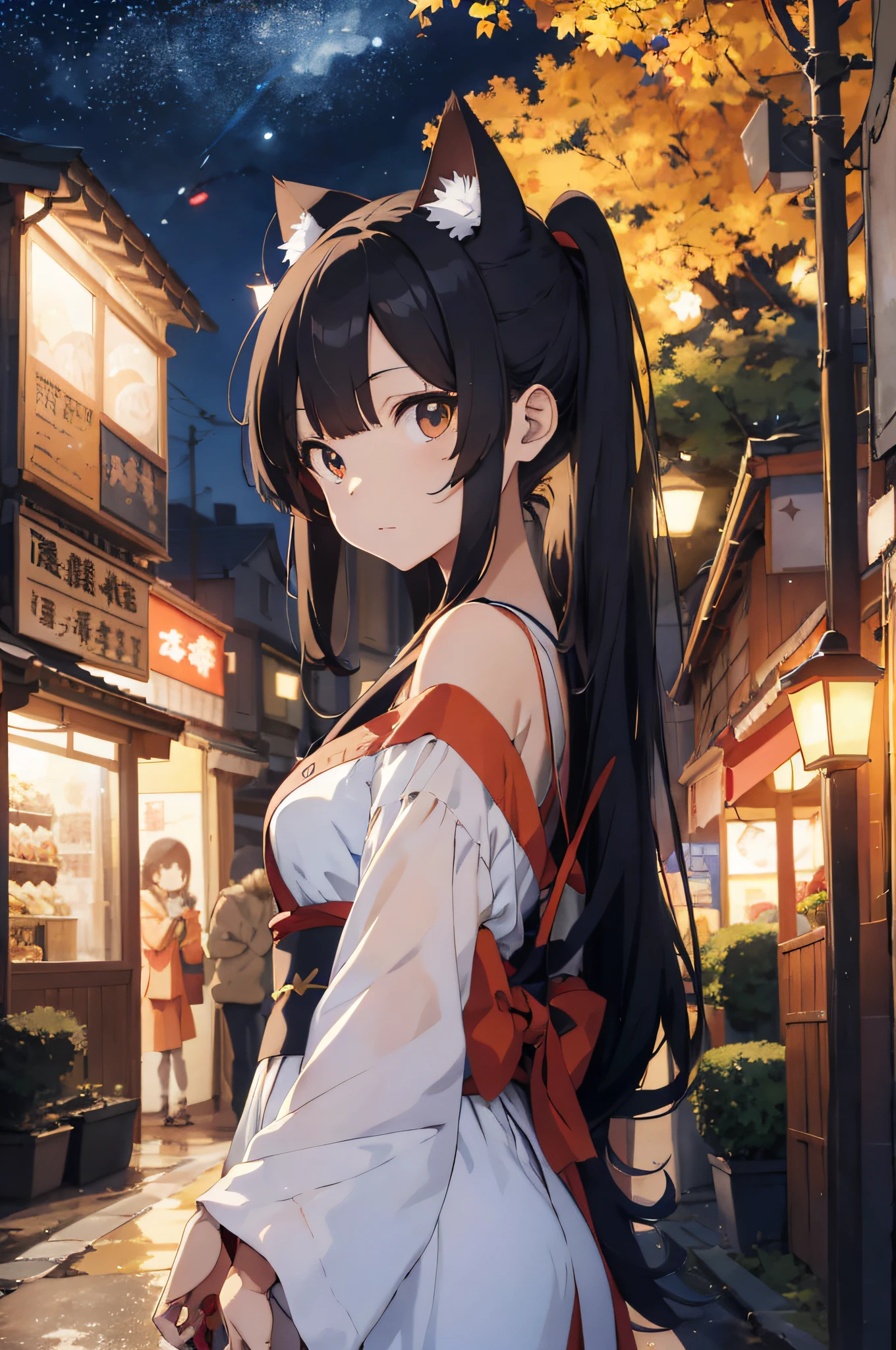 Anime cat ear girl in kimono clothes with cat ears, shoulder looking, anime drawing by Yang J, pixiv contest winner, serial art, digital anime illustration, kawashi, anime style illustration, anime style 4K, beautiful anime portrait, anime style portrait, anime style artwork, Guweiz style artwork, Anime Illustration, Digital Anime Art, Detailed Digital Anime Art, Beautiful Starry Sky, Fireworks