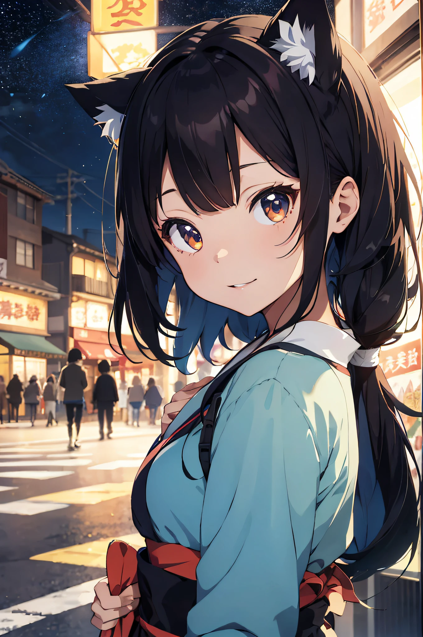 Anime cat ear girl in kimono clothes with cat ears, shoulder looking, anime drawing by Yang J, pixiv contest winner, serial art, digital anime illustration, kawashi, anime style illustration, anime style 4K, beautiful anime portrait, anime style portrait, anime style artwork, Guweiz style artwork, Anime Illustration, Digital Anime Art, Detailed Digital Anime Art, Beautiful Starry Sky, Fireworks