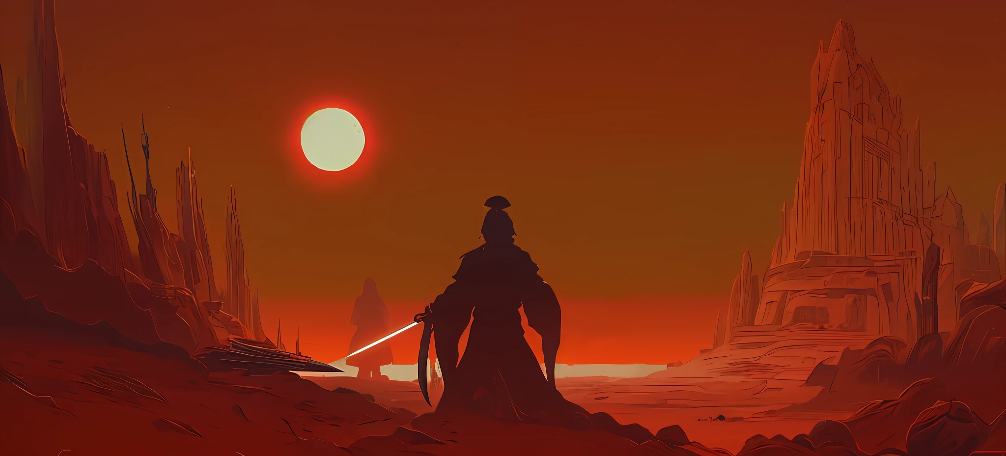 there is a man standing in a desert with a sword, an ominous fantasy illustration, desolate. digital illustration, beeple and jean giraud, inspired by Kanō Sanraku, inspired by Jakub Schikaneder, concept art digital illustration, surreal flat colors, illustration concept art, inspired by Kanō Sansetsu, cinematic matte illustration