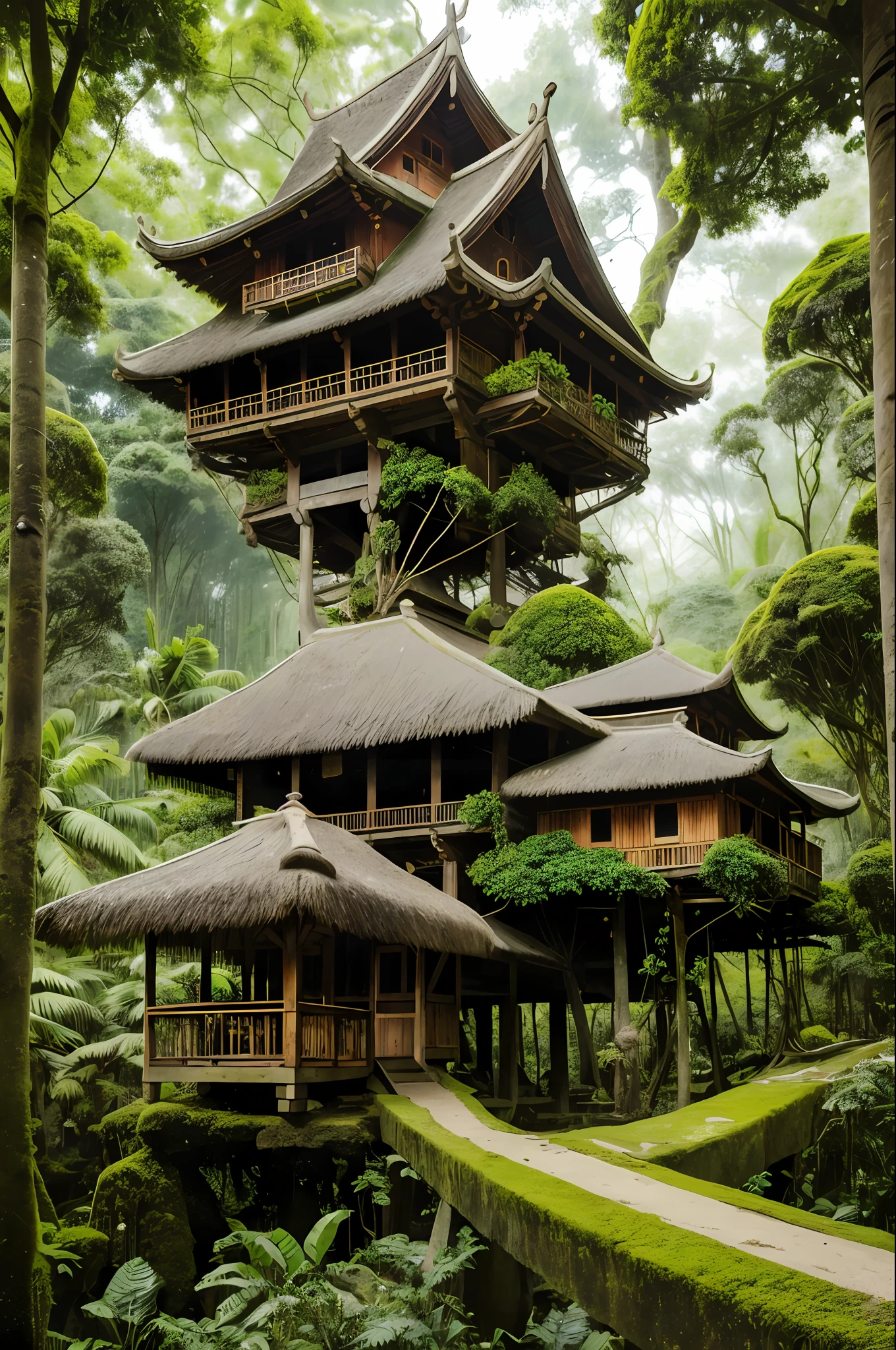 Nature, Serene,  ancient village built within a lush rainforest, seamlessly integrating with the surrounding environment, Rainforest, architectural render, nature, treehouse, eco-friendly, rainforest, integration,
(best quality, high quality, absurdres, intricate detail, masterpiece, cinematic), highly detailed, motion blur, film grain, noise, lens effects,