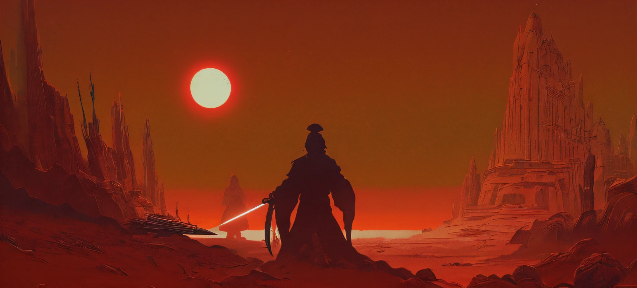 there is a man standing in a desert with a sword, an ominous fantasy illustration, desolate. digital illustration, beeple and jean giraud, inspired by Kanō Sanraku, inspired by Jakub Schikaneder, concept art digital illustration, surreal flat colors, illustration concept art, inspired by Kanō Sansetsu, cinematic matte illustration