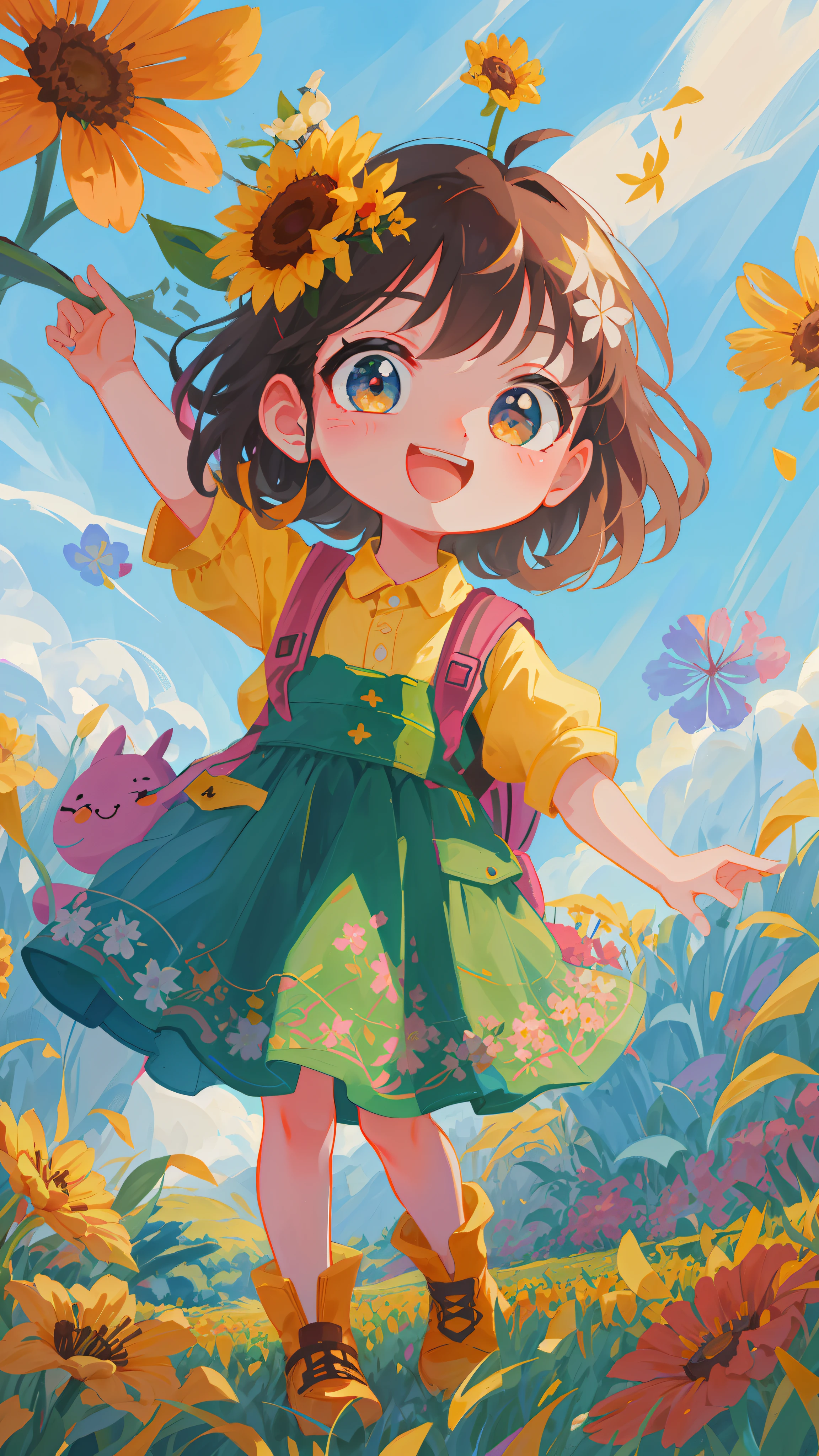Cartoon girl in flower field with backpack, kids art in art station, cute detailed digital art, cute art style, cute detailed artwork, cute digital painting, girl in flowers, cute digital art, girl dancing in flower field, full body portrait short! , Girl in the Flower Field, Beautiful Artwork Illustration, Girl Jumping in the Flower Field, Masterpiece, UHD, Textured Skin, High Details, Best Quality, 8k