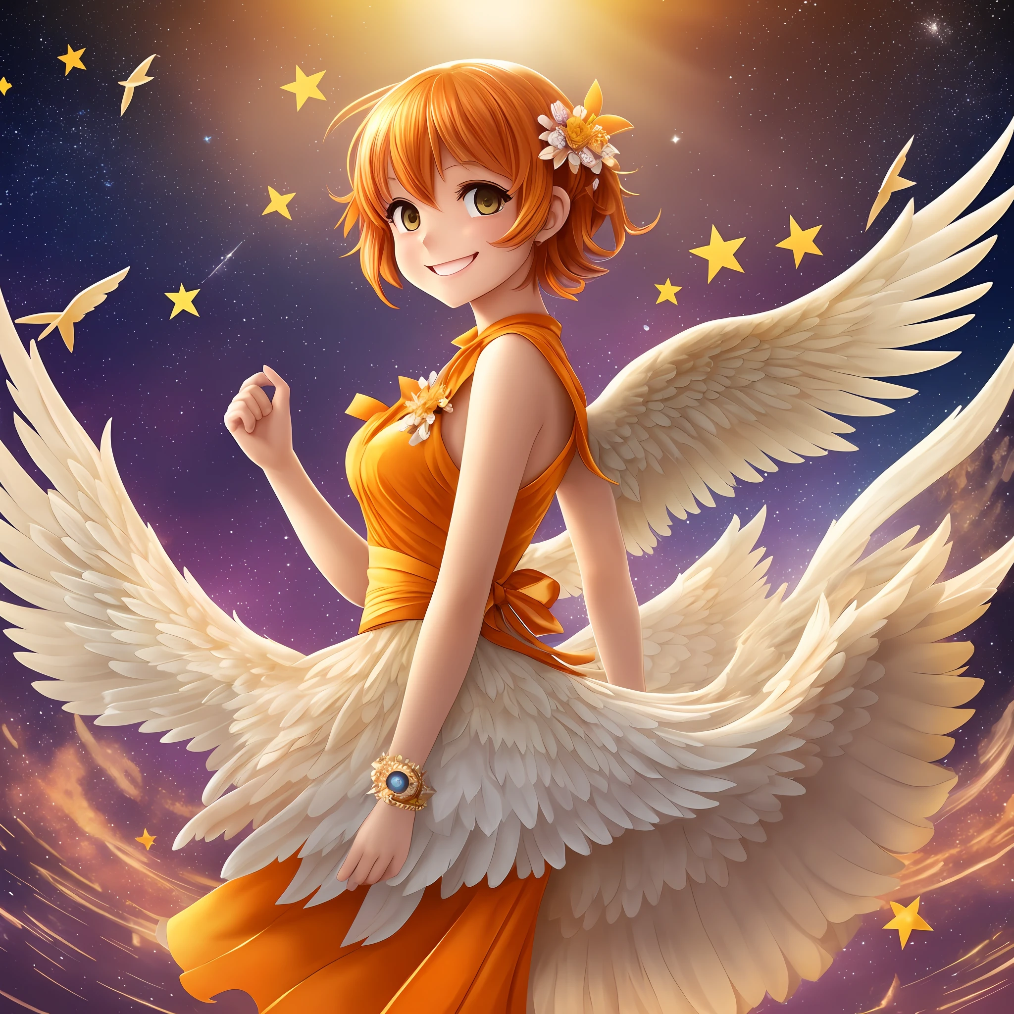 angel, big wings, smiling happily, girl, cute, light, dazzling, wave shorthair, orange, golden, flower, hawk, universe, shooting star, --auto --s2