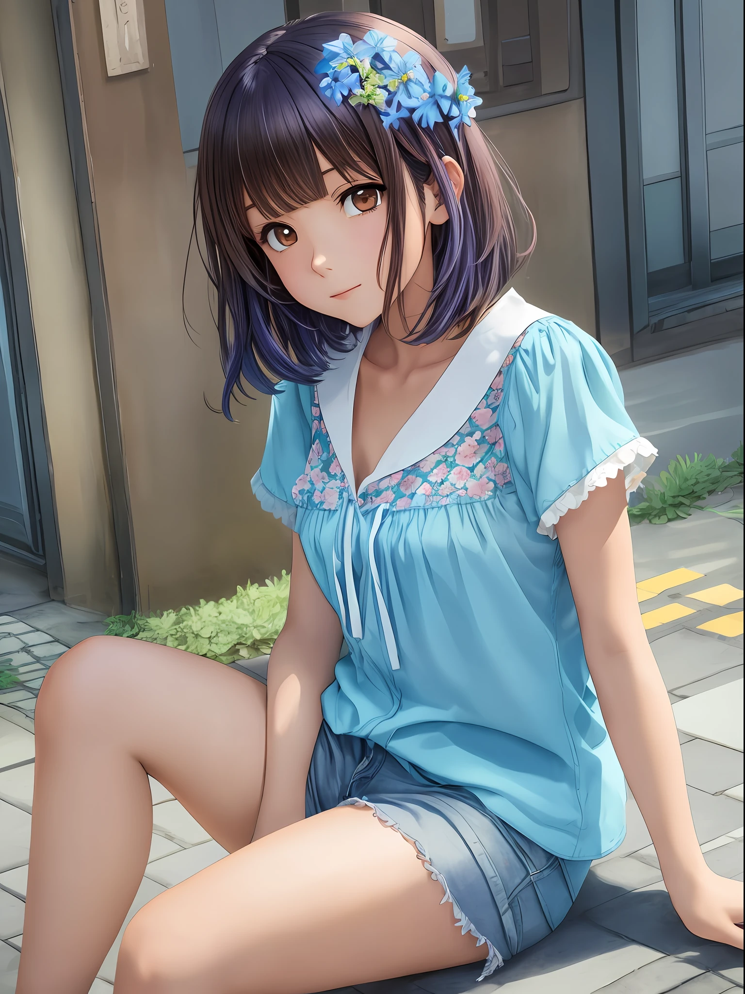1 anime style girl, brown eyes, short brown hair with blue locks, wears a light blue blouse and shorts, sitting in a flowery square, super detailed