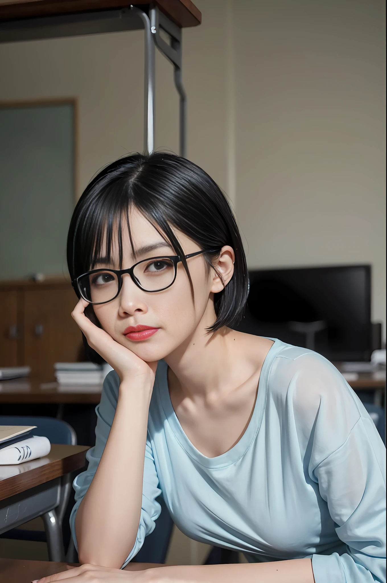 Short black hair, tied hair, light blue hairpin, white skin, Chinese, young, thick eyebrows, black eyes, biting lips, black silk rimmed glasses, tight white t-shirt, medium chest, in the classroom, alone, solo, realistic, 8k, masterpiece, high resolution