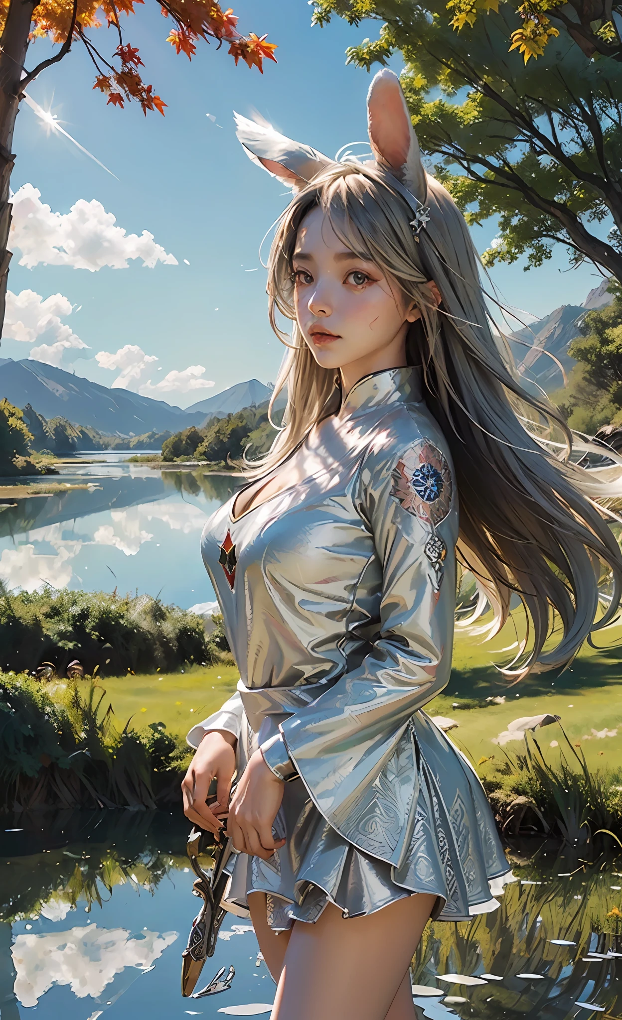 (((ultra-detailed))),(official art))),(film quality))), calm expression, (red eyes), (rabbit ears), (straight long hair), (plump figure), (calm posture), porcelain-like skin, (((((edge lighting)))): 1.2, warm tones, sun flares, soft shadows, vivid colors, (painting effect), fantastic atmosphere, (((zentangle))), (((mandala))), ( Scenic Lake), (Far Mountain), (Very Coarse Maple), (Calm Water), (Reflection), (Sunlit Clouds), (Peaceful Atmosphere), (Silver Foliage)