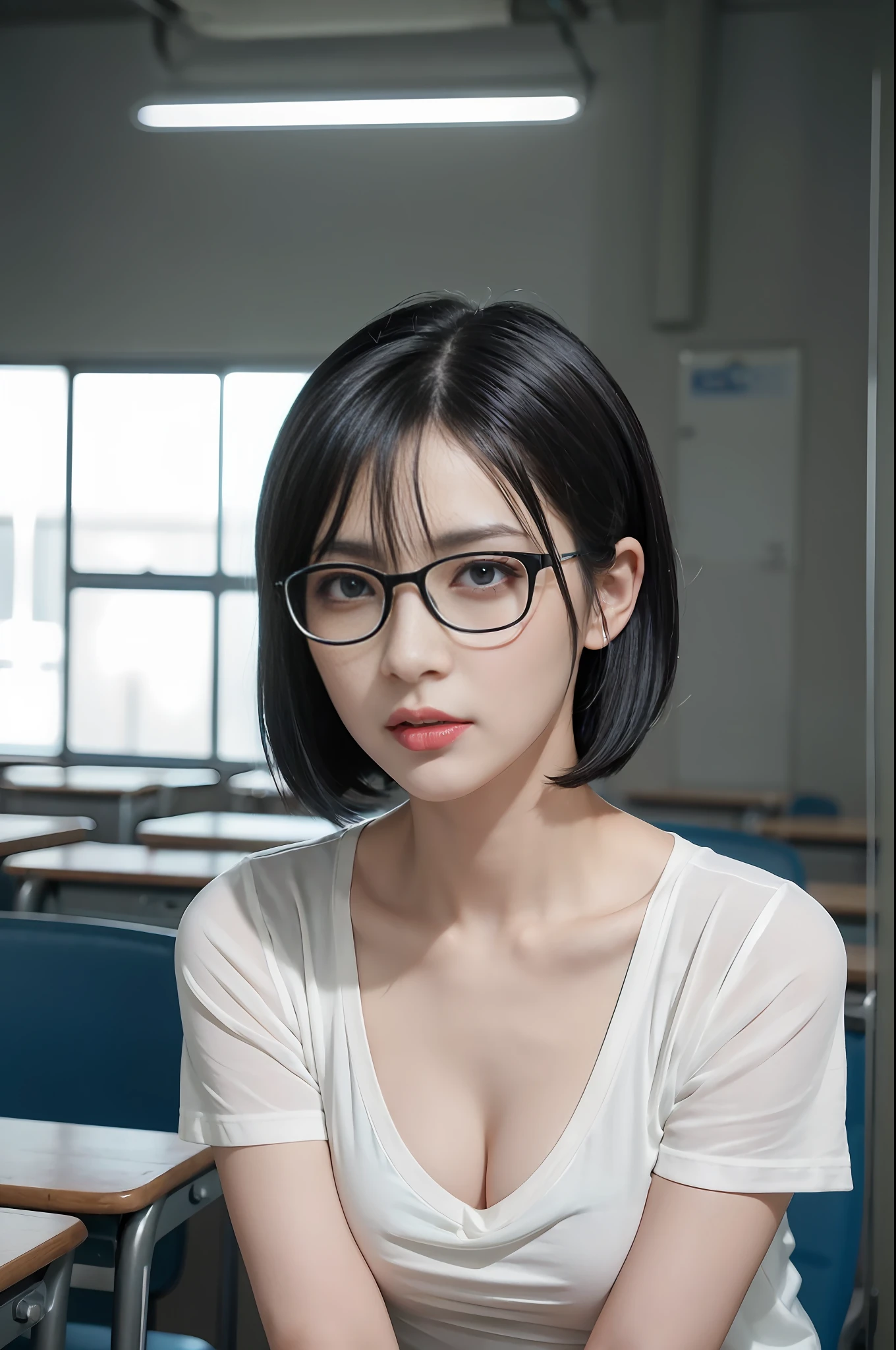 Short black hair, tied hair, light blue hairpin, white skin, Chinese, young, thick eyebrows, black eyes, biting lips, black silk rimmed glasses, tight white t-shirt, medium chest, in the classroom, alone, solo, realistic, 8k, masterpiece, high resolution