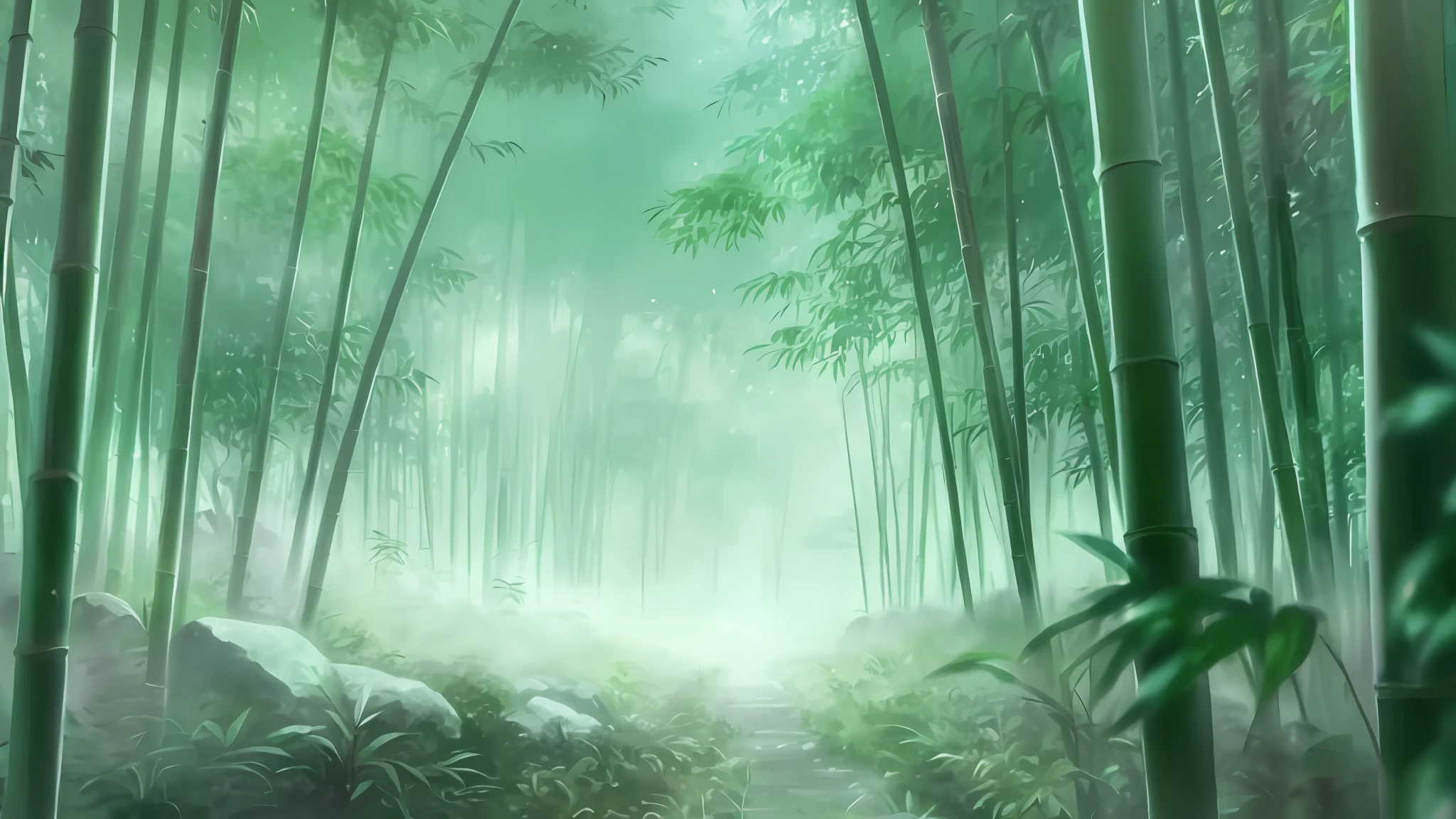 There is a picture of a bamboo forest with a lot of bamboo, anime background art, anime background, misty Japanese bamboo forest, anime nature, beautiful anime scene, background artwork, anime beautiful peace scene, background art, peaceful lush bamboo forest, beautiful anime scenery, anime movie background, anime scenery, quiet and peaceful atmosphere, anime nature wallpaper