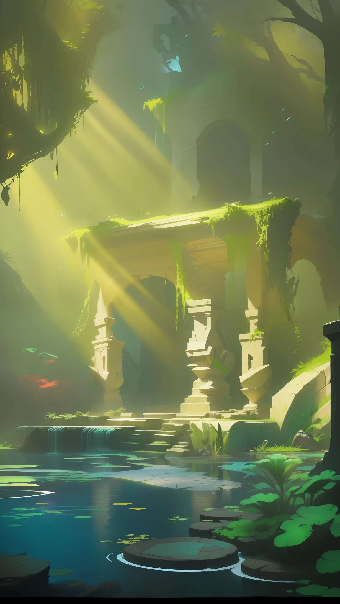 There are two sculptures standing in the water, blender rendering, stylized concept art, environmental art, independent game concept art, environmental concept art, stylized game art, painted as game concept art, environment and concept art, environmental design illustration, environmental painting, ancient ruins in the forest, concept art scene, game concept art, environmental concept art, landscape game concept art