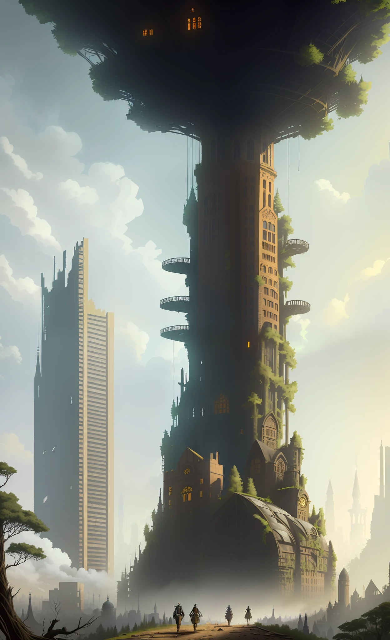 Victorian architecture, 19th century, recycled scraps, gunpowder age, dystopian aesthetic, steampunk city, destroyed, abandoned, big colorful trees, deep forest around you. Several buildings rise to the sky. deep forest rises in the background, cyborg and peaple walk through the city, chiaoroscuro