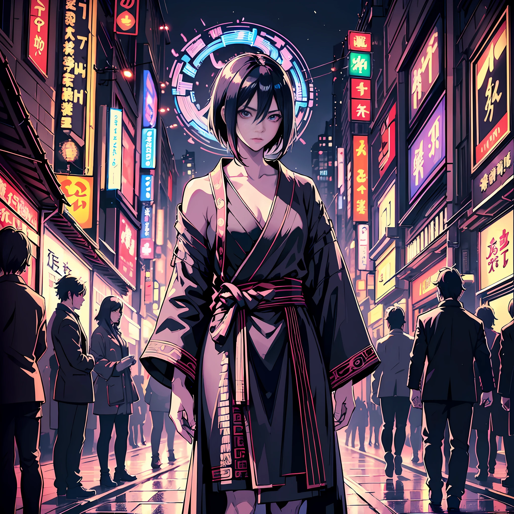 (masterpiece, best quality, ultra-detailed, best shadow), (beautiful detailed face), high contrast, (best lighting, an extremely delicate and beautiful), ((cinematic light)), colorful, hyper detail, dramatic light, intricate details, Sasuke Uchiha, depth of field, cyberpunk costume, standing, night, Tokyo, street --auto --s2