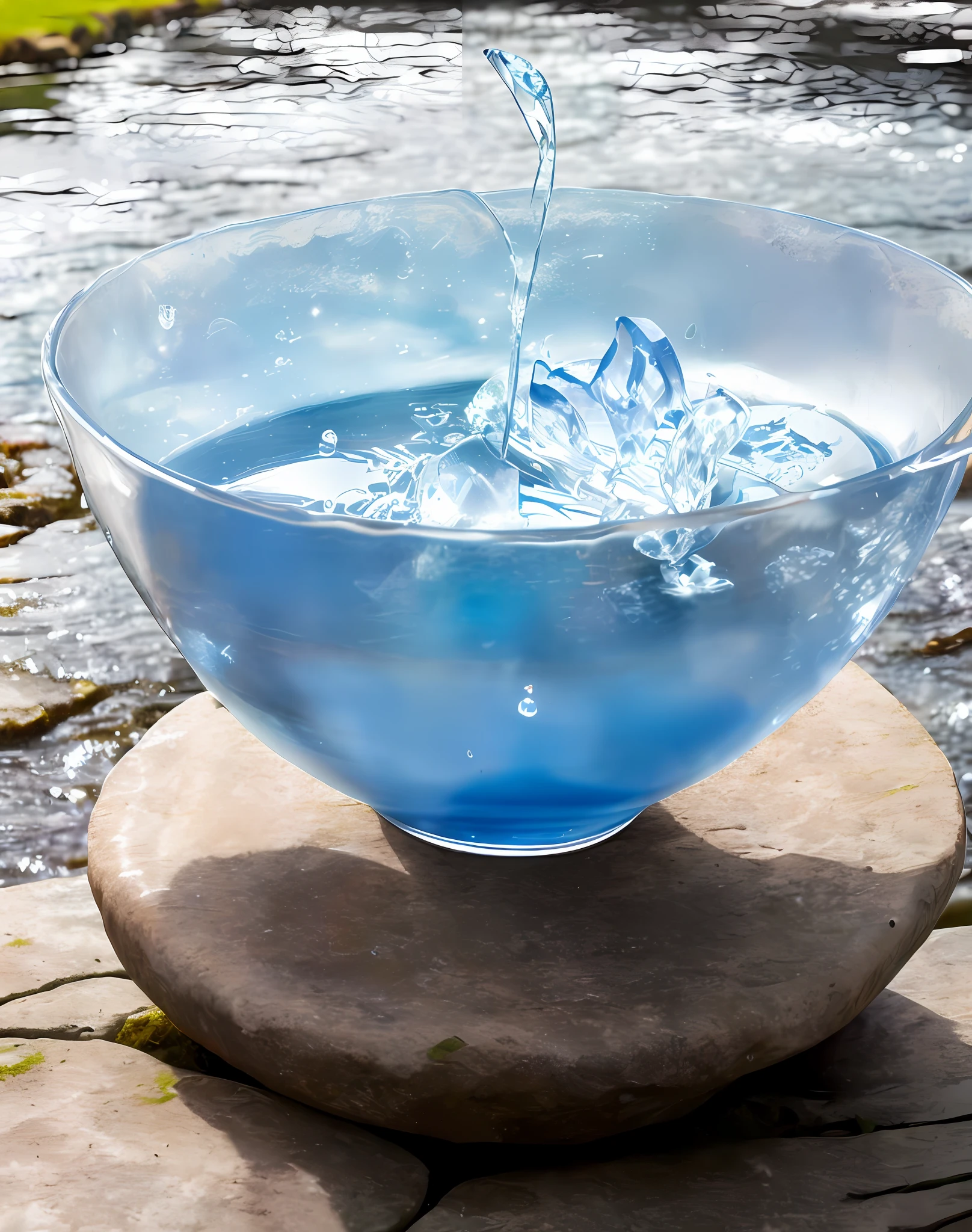 There is a bowl of water with a flower in it, dripping blue natural rock barn, commercial background