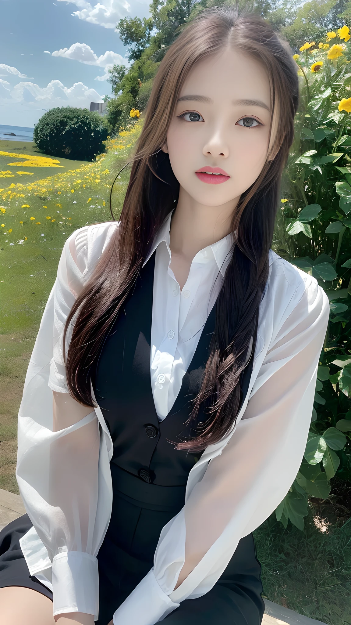 ((Best Quality, 8K, Masterpiece:1.3)), A beautiful girl, pure, melon face, gentle and cute, thin figure, facing right, head to the right, lips closed, upper body leaning forward, collared shirt, sleeves past wrists, dress shirt, cardigan, capri pants black silky long hair, round black big eyes, clear big eyes, moist red lips, sweet, sitting, blue sky and white clouds, Sunlight, flower background,