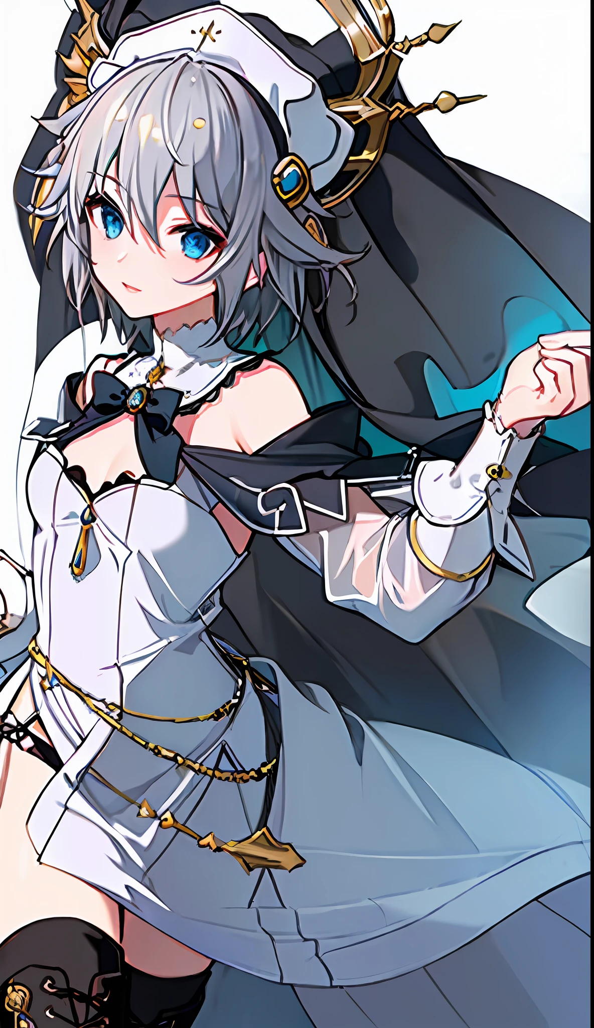 (((Masterpiece)))), (((Best Quality)))), (((Very Detailed))), Detailed Fingers, Precise Fingers, Non-Unnatural Hands, Gold Hair Ornament, White Sister Hat, Illustration, Black Sister Veil, Black Knee High Boots, Black Monastic Clothing, NIA, Dynamic Pose