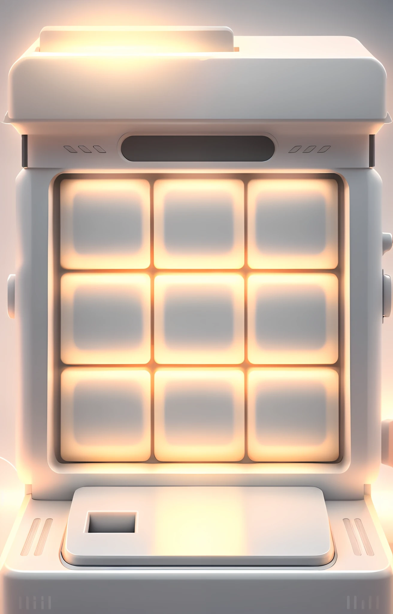 9 square boxes composed of lottery machine, lottery machine is metal material, front perspective, game application app, 3D, red, orange, yellow mainly, natural gradient, fresh and elegant, soft edges, rounded corners, clean color matching, soft light, there is a protruding big button under the lottery machine, large turns, smooth surface, 3D icons, cute Q version, light strong light on the edges, soft light, transparent light, solid background, high resolution, best quality, 8k,