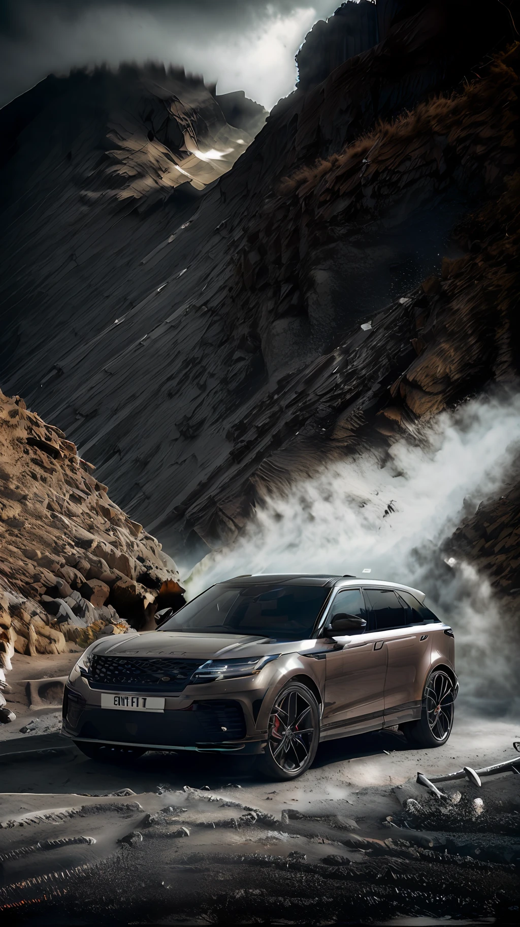 Photorealistic image of dvAuto style, A gray RANGE ROVER VELAR, 85mm, telephoto, mountain background, low contrast, muted, photo realistic, realistic shadows, refraction, photorealistic, 4K, RAW, best quality, sharp, realistic details, hard focus, film grain, prophoto rgb, 16bit, fuji gfx 100s, light leak, vignette, matte shadows, on summers day