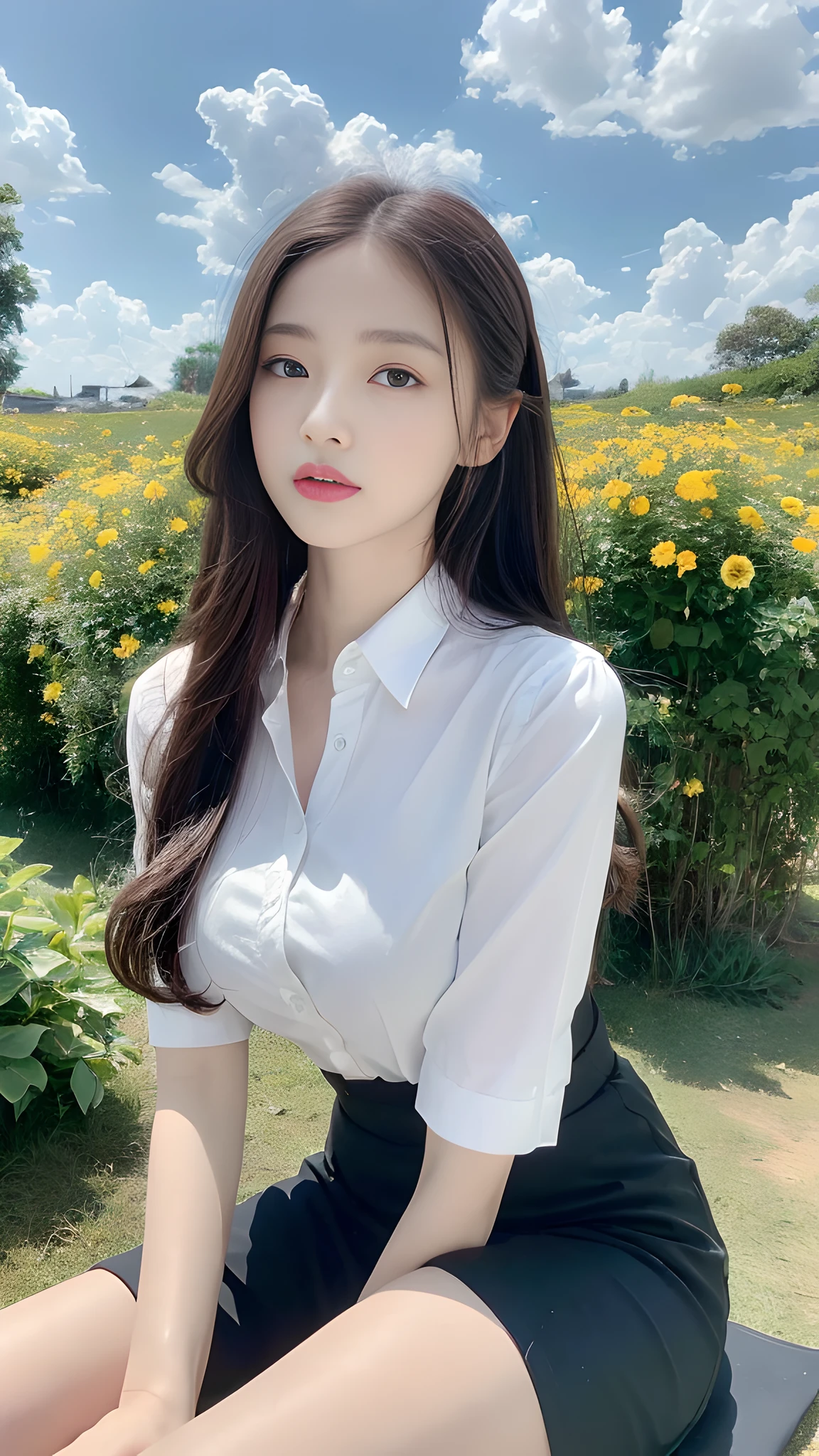 ((Best Quality, 8K, Masterpiece:1.3)), A beautiful girl, pure, melon face, gentle and cute, thin figure, facing right, head to the right, lips closed, upper body leaning forward, collared shirt, sleeves past wrists, dress shirt, cardigan, capri pants black silky long hair, round black big eyes, clear big eyes, moist red lips, sweet, sitting, blue sky and white clouds, Sunlight, flower background,