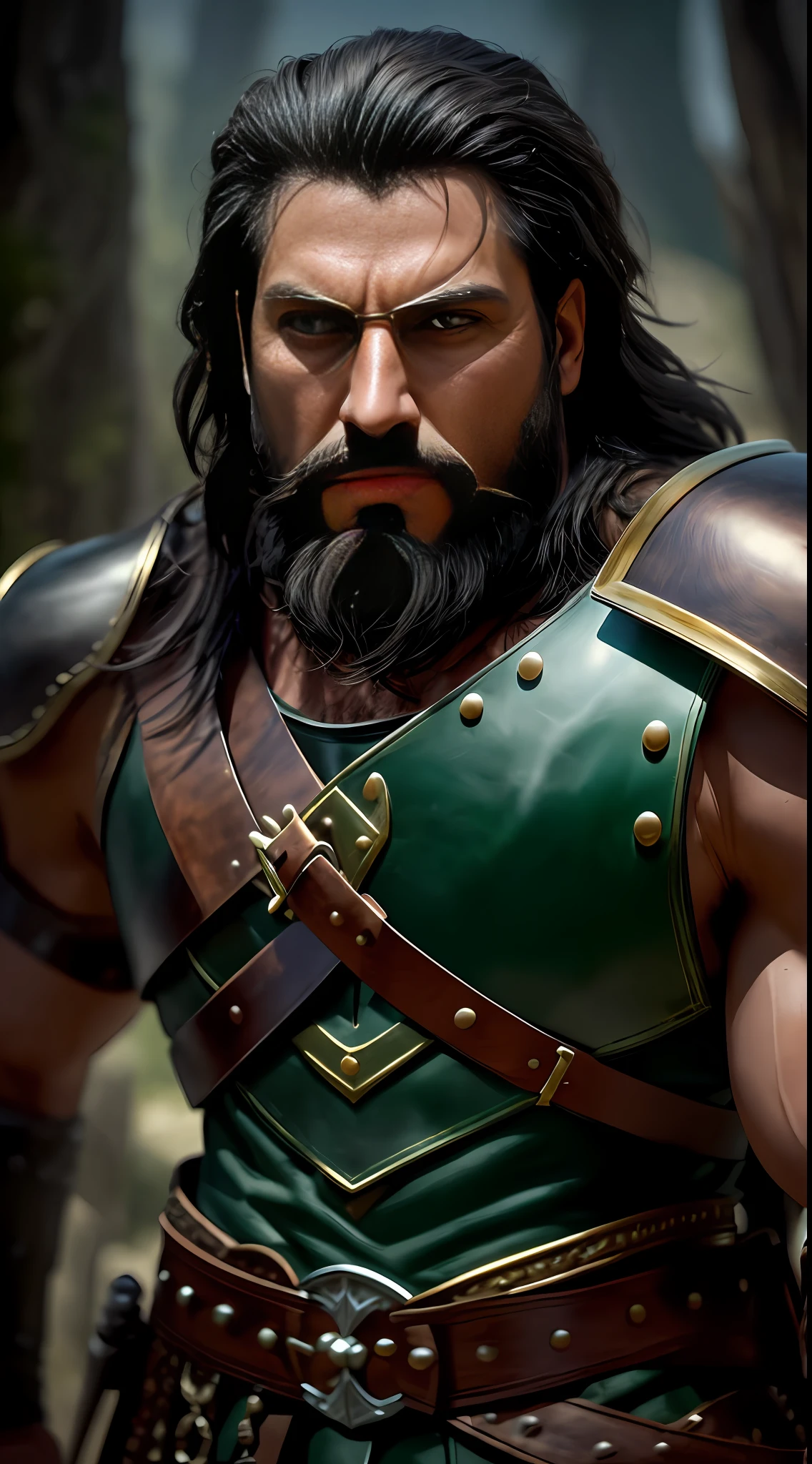 masterpiece, high quality, best quality, beautiful, hd, realistic, perfect lighting, detailed face, detailed body, 1 man, solo, black hair, green eyes, long black beard, brown and worn leather clothing gladiator style: 1.4), leather breastplate, 1 wooden spear in hands, war battle background, gladiator style, muscular men, robust, angry look, --auto --s2