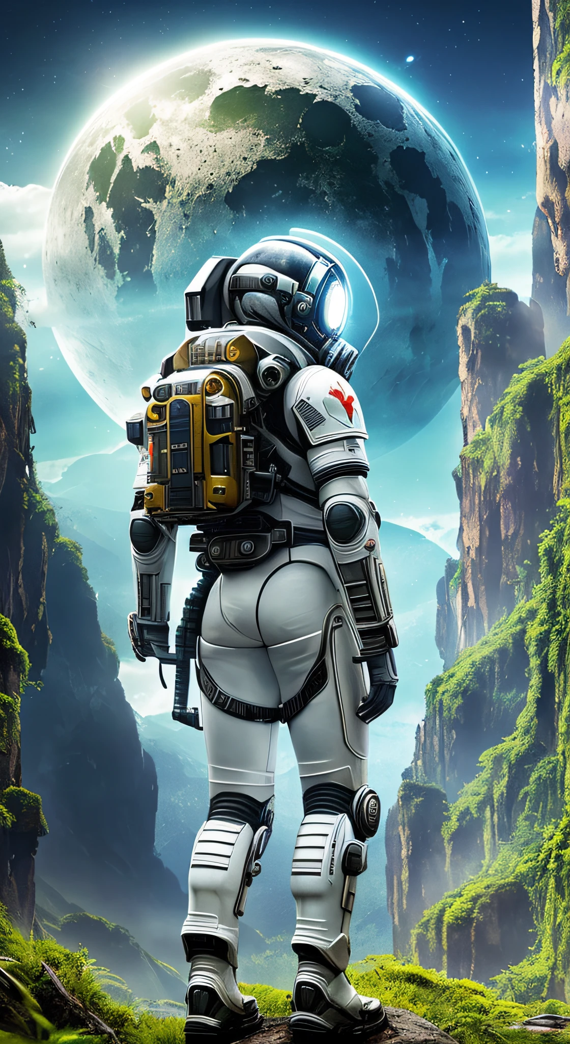 (35mmstyle:1.2), highly detailed RAW color photo, back corner, full body, (female space marine, wearing white and red spacesuit, futuristic helmet, tinned mask, rebreather, prominent loot), outdoors, (standing on a cliff tall Rocky Mountains, looking out at the magical lush green rainforest on an alien planet), vivid details, (exotic alien planet), toned body, big ass, (sci-fi), (Mountains: 1.1), (Lush green vegetation), (Two Moon in the sky: 0.8), (Very detailed, Ultra-detailed, Complex), (Lens flare: 0.7), (Halo: 0.7), Particle effects, ray tracing, cinematic lighting, shallow depth of field, Shot on Sony a9 II, 35mm wide-angle lens, clear focus, motion picture film, from Gravity 2013, seen from behind, dynamic angle --auto --s2