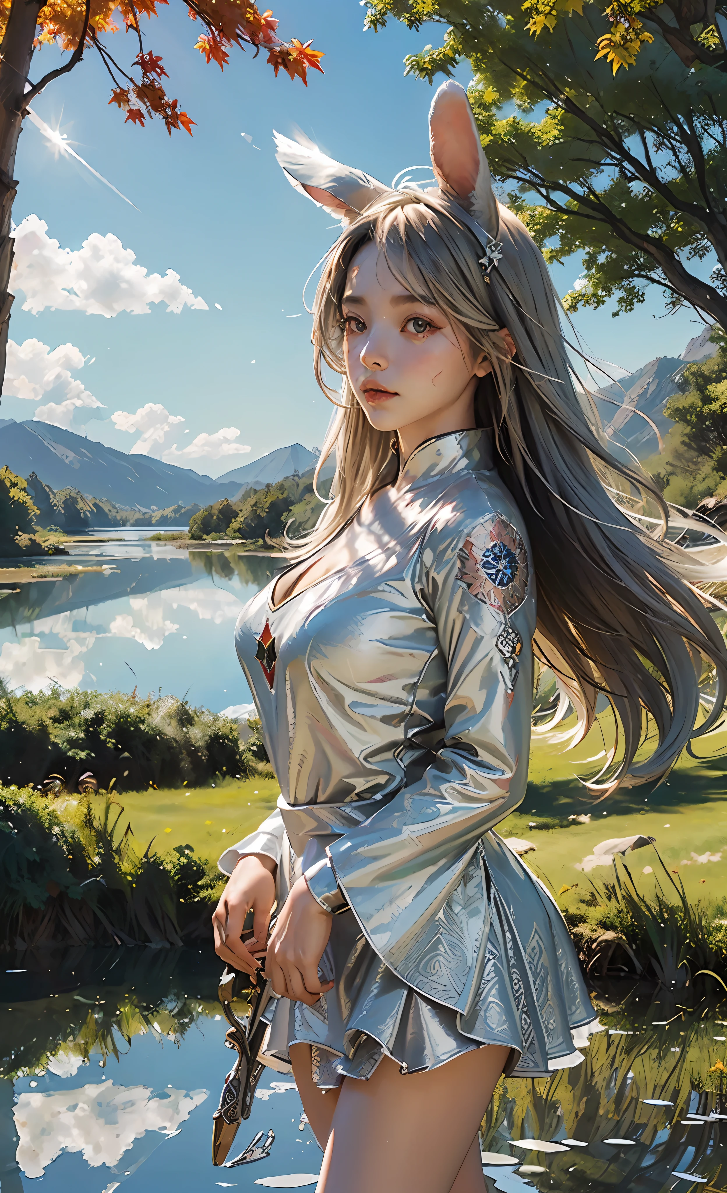 (((ultra-detailed))),(official art))),(film quality))), calm expression, (red eyes), (rabbit ears), (straight long hair), (plump figure), (calm posture), porcelain-like skin, (((((edge lighting)))): 1.2, warm tones, sun flares, soft shadows, vivid colors, (painting effect), fantastic atmosphere, (((zentangle))), (((mandala))), ( Scenic Lake), (Far Mountain), (Very Coarse Maple), (Calm Water), (Reflection), (Sunlit Clouds), (Peaceful Atmosphere), (Silver Foliage)