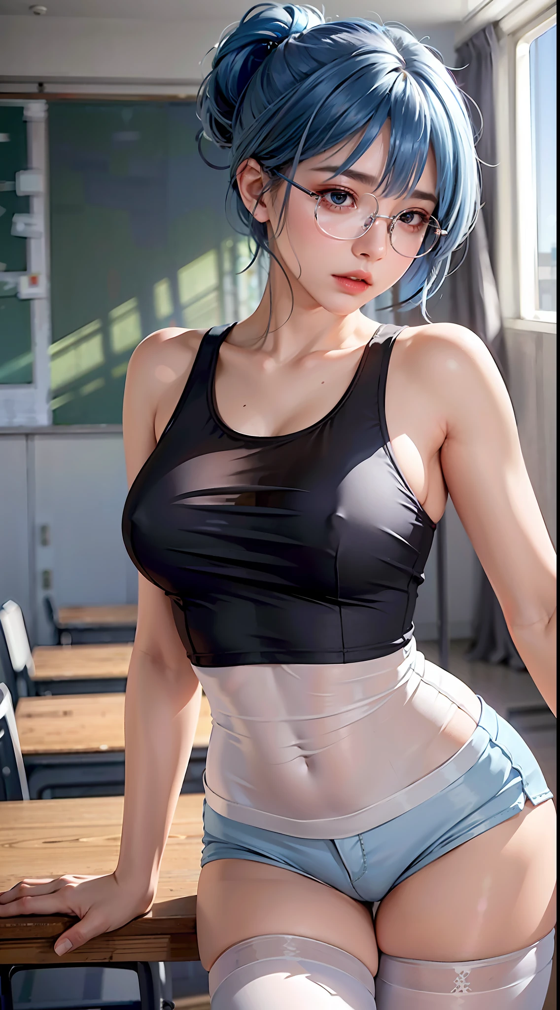 (1 girl), perfect female body, beautiful eyes, (delicate face), short black hair, hair tied up, light blue hairpin, black silk rimmed glasses, tight white T-shirt, in the classroom, (fair skin), (best lighting), (super complex details), 4K unity, (super detailed CG), exposed fair legs, stockings, hot pants, shorts,