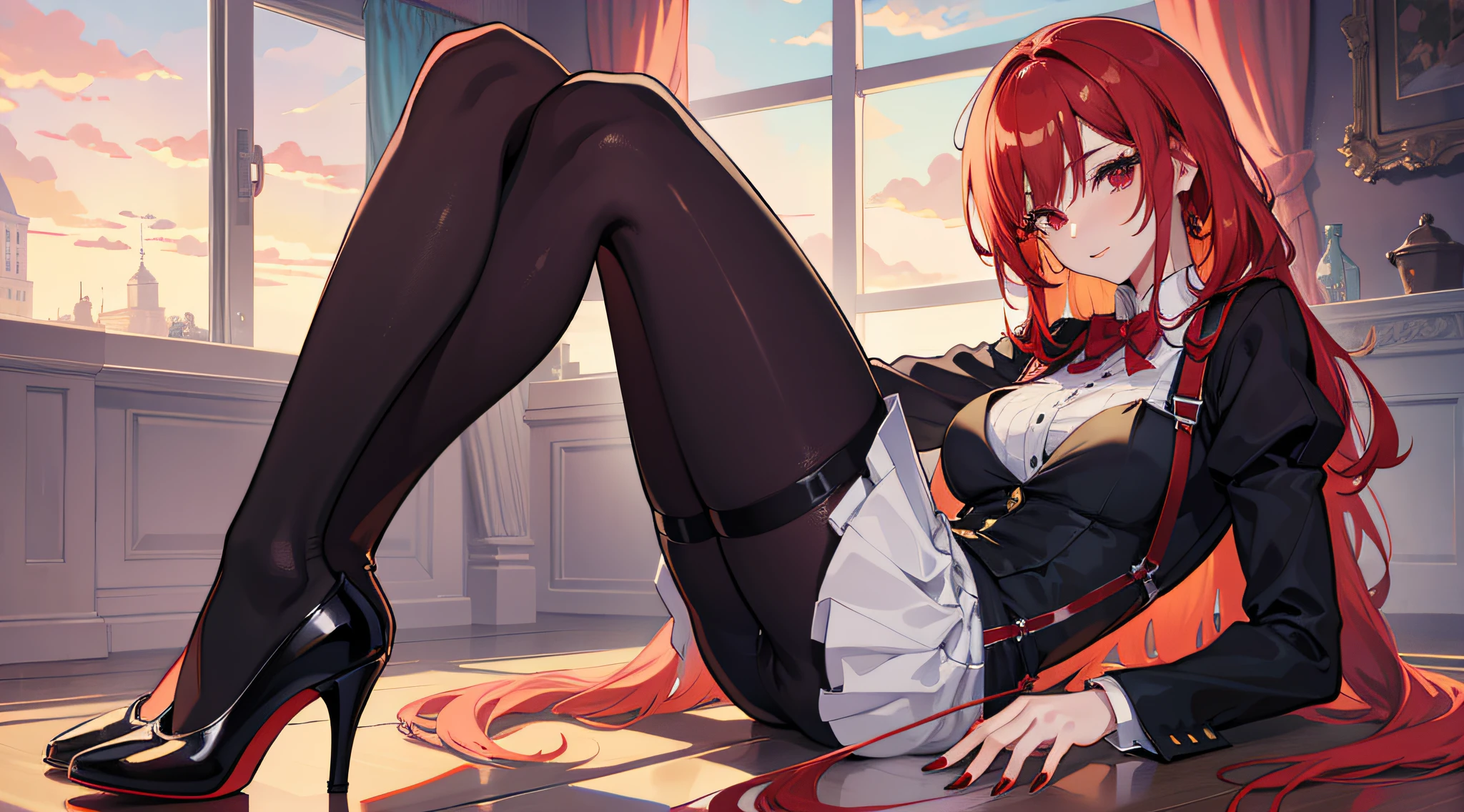 Bright red hair, mature, sexy, high heels, black stockings, black suspenders, french braid, anime, anime style, Illustrations, panorama, 8k, super detail, ccurate, best quality, high detail, (red nail polish)