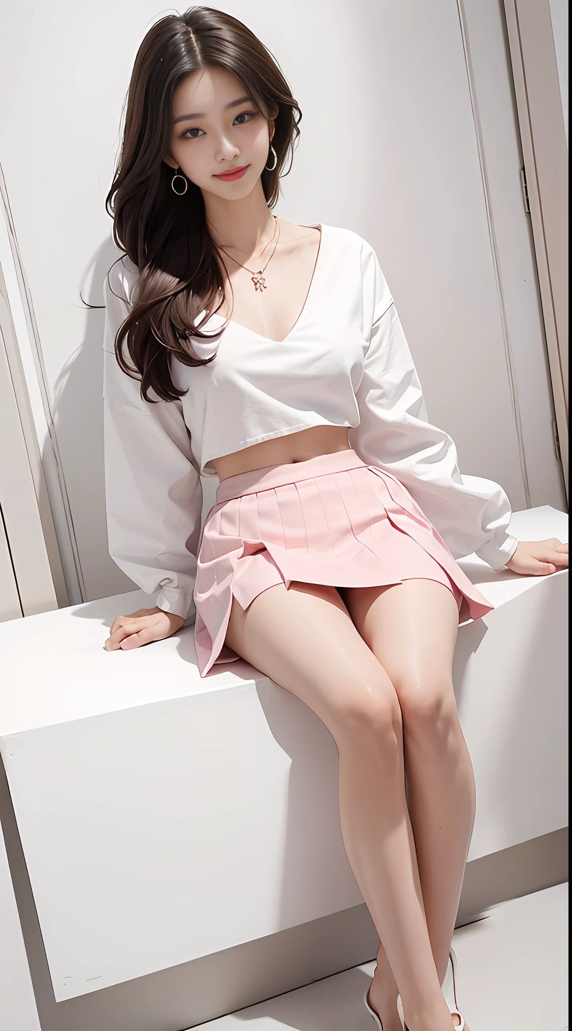 A beautiful woman, 22 years old, full body like, (slim figure), (long legs), smaller bust, smile, detailed eyes, double eyelids, pink earrings and necklace, long hair, white shirt top, pink hip skirt, OL, white collar
