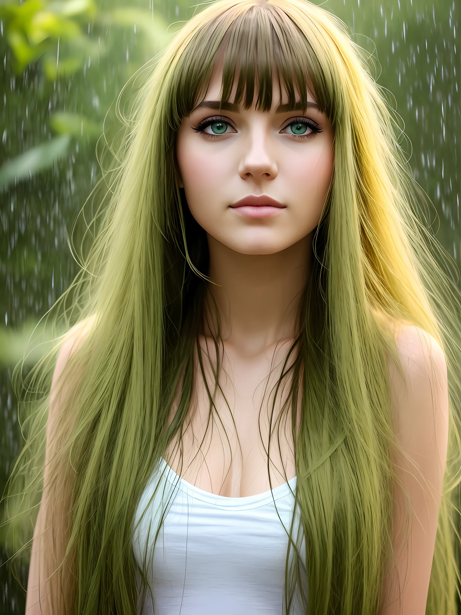 beautiful woman ,bangs, yellow long hair, beautiful green eyes, looking up the rainfall , wet skin, wet face,