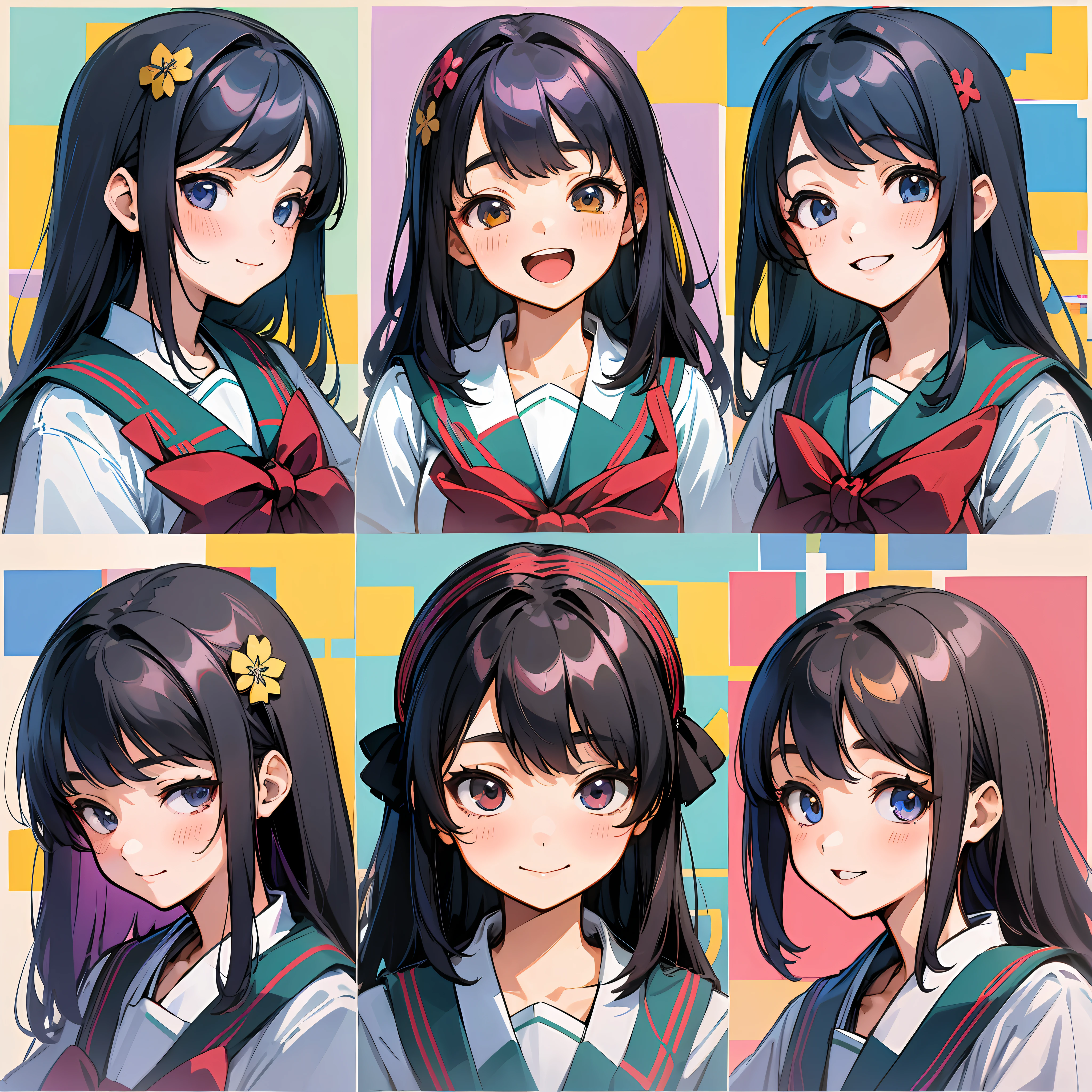 (3 japanese school girls), (2 girls with smile expressions+1 girl with flat expression), (schoolgirl uniform), (8k high quality detailed art) --auto --s2