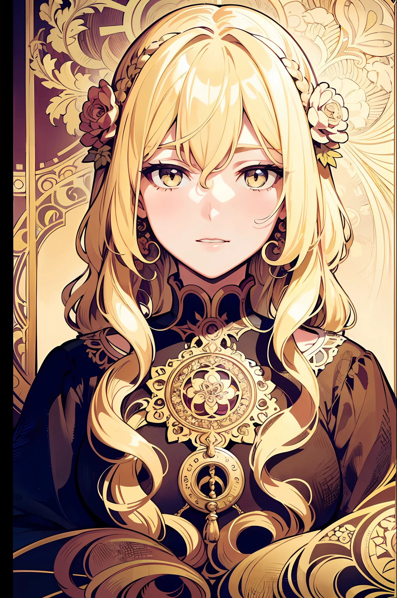 European woman's face portrait, long curly hair, blonde, flower frame, decorative panel, abstract art, by Alphonse Mucha (masterpiece, highest quality, high resolution: 1.4), detailed, intricate details, 4K, color splash, line art, Fibonacci, in underwear