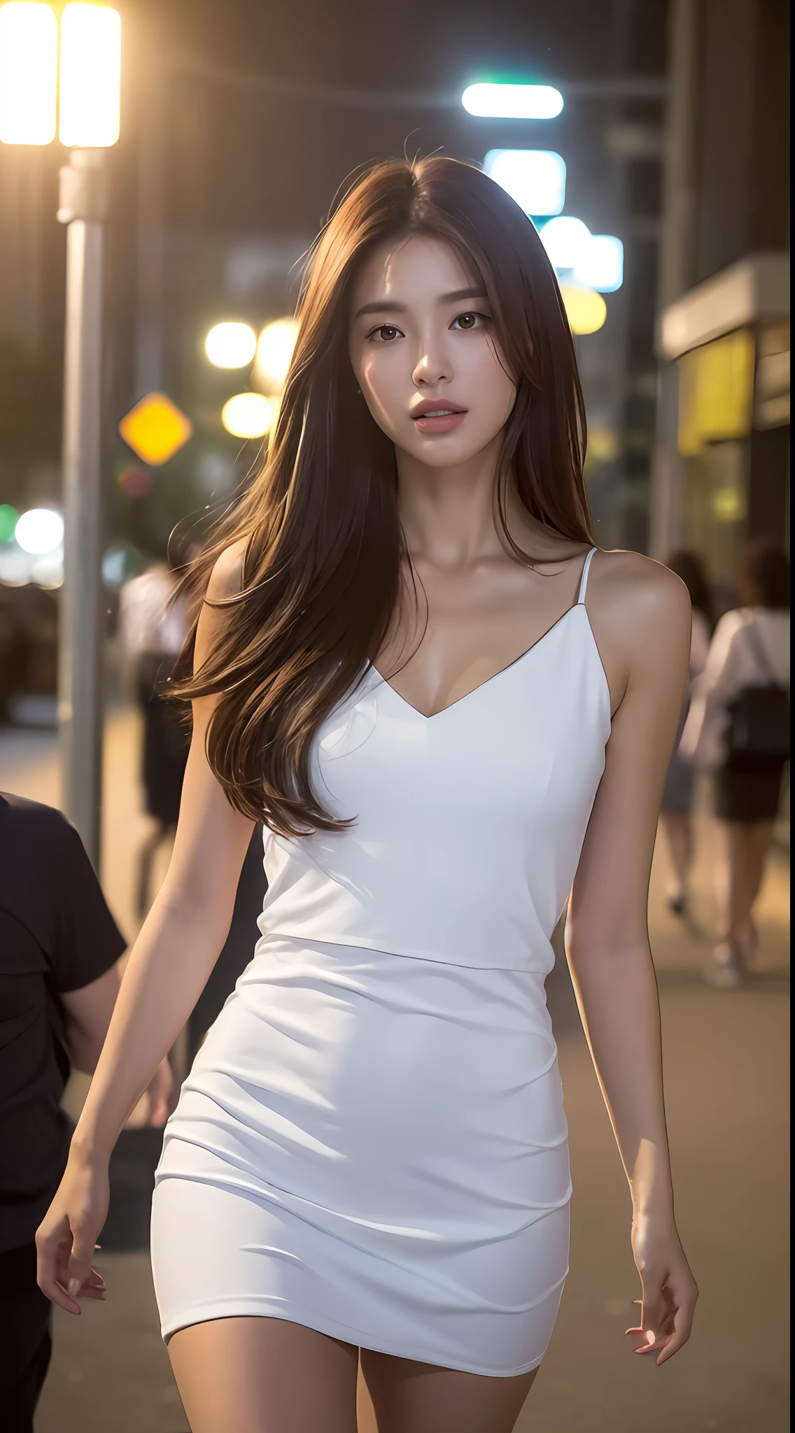 ((Realistic lighting, Best quality, 8K, Masterpiece: 1.3)), Focus: 1.2, 1girl, Perfect Figure: 1.4, Slim Abs: 1.1, ((Dark brown hair)), (White dress: 1.4), (Outdoor, Night: 1.1), City streets, Super fine face, Fine eyes, Double eyelids,