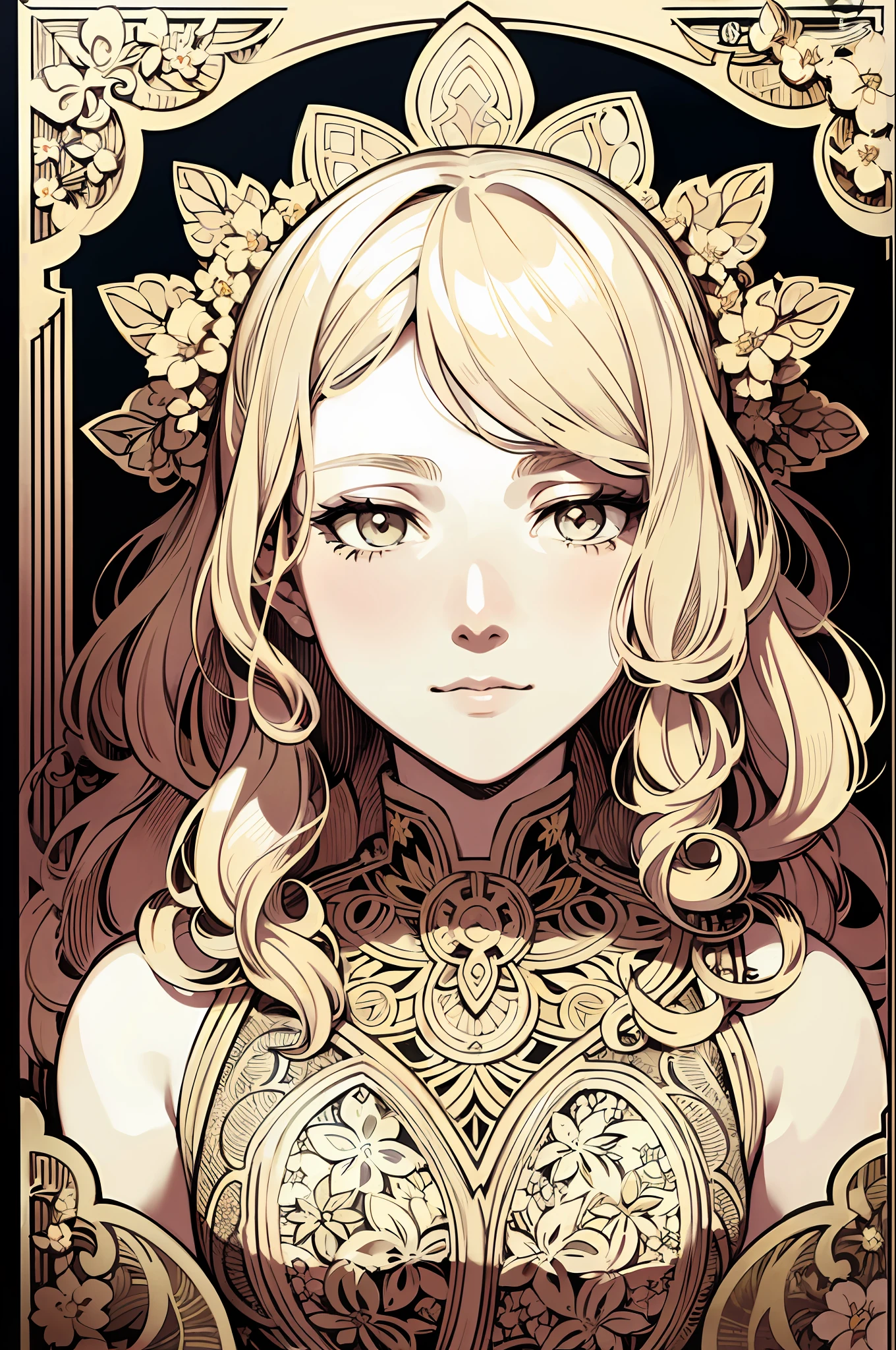 European woman's face portrait, long curly hair, blonde, flower frame, decorative panel, abstract art, by Alphonse Mucha (masterpiece, highest quality, high resolution: 1.4), detailed, intricate details, 4K, color splash, line art, Fibonacci, in underwear