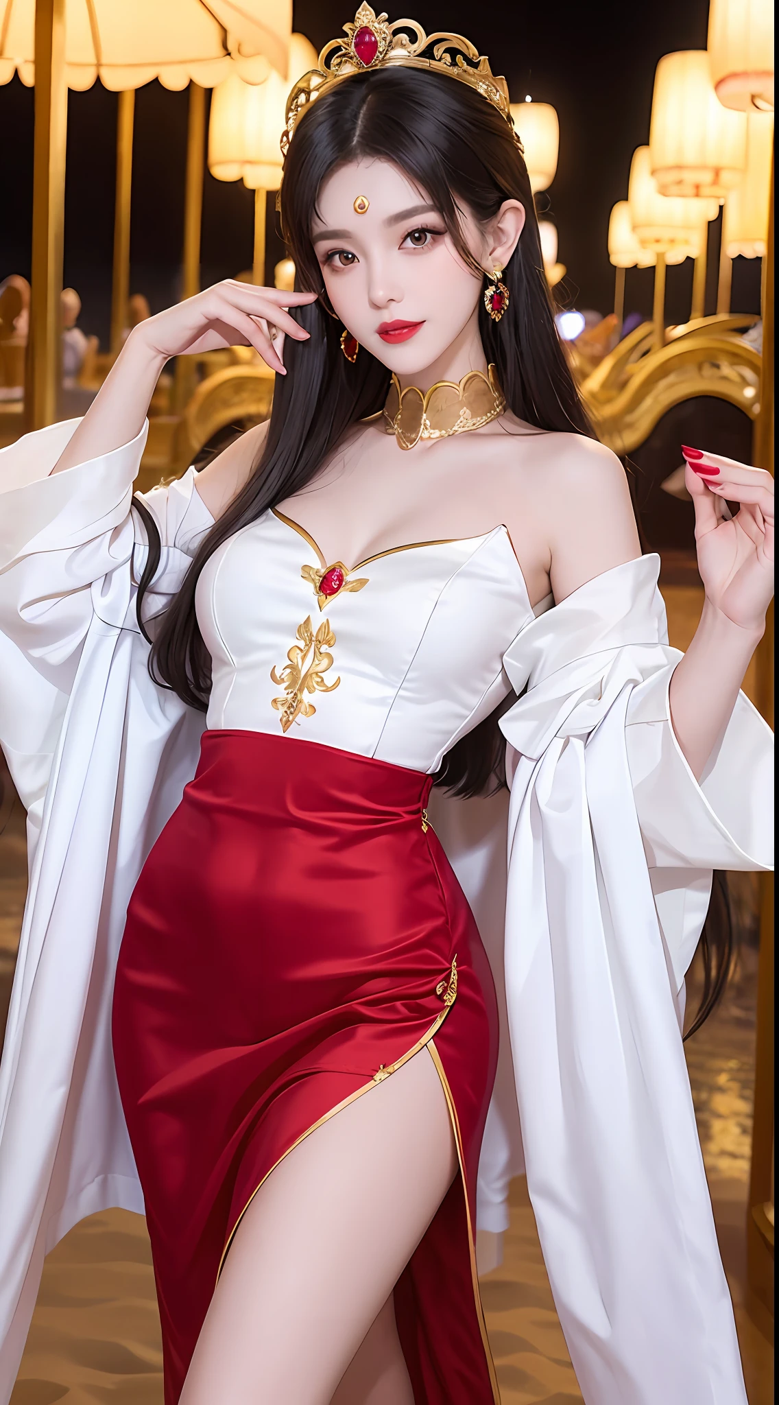 Best photo quality, 1 beautiful princess dressed in royal style, Emperor's robe, red royal style ao dai, body hugging, walking on a beach, (beach at night background:1.1), split hemline, white and pink face without blemish, a crown on her head, hip length black hair, nice face, very beautiful and sharp brown eyes, leggy, small butt, small red lips, lipstick earrings, white and even teeth, big round breasts, elongated legs, pretty face, red nail polish fingers, luxury gold bracelet, thin mesh black socks, close-up view of the girl's body, portrait, reduce image flare, most realistic, highest quality, best pixels, 8k ultra,