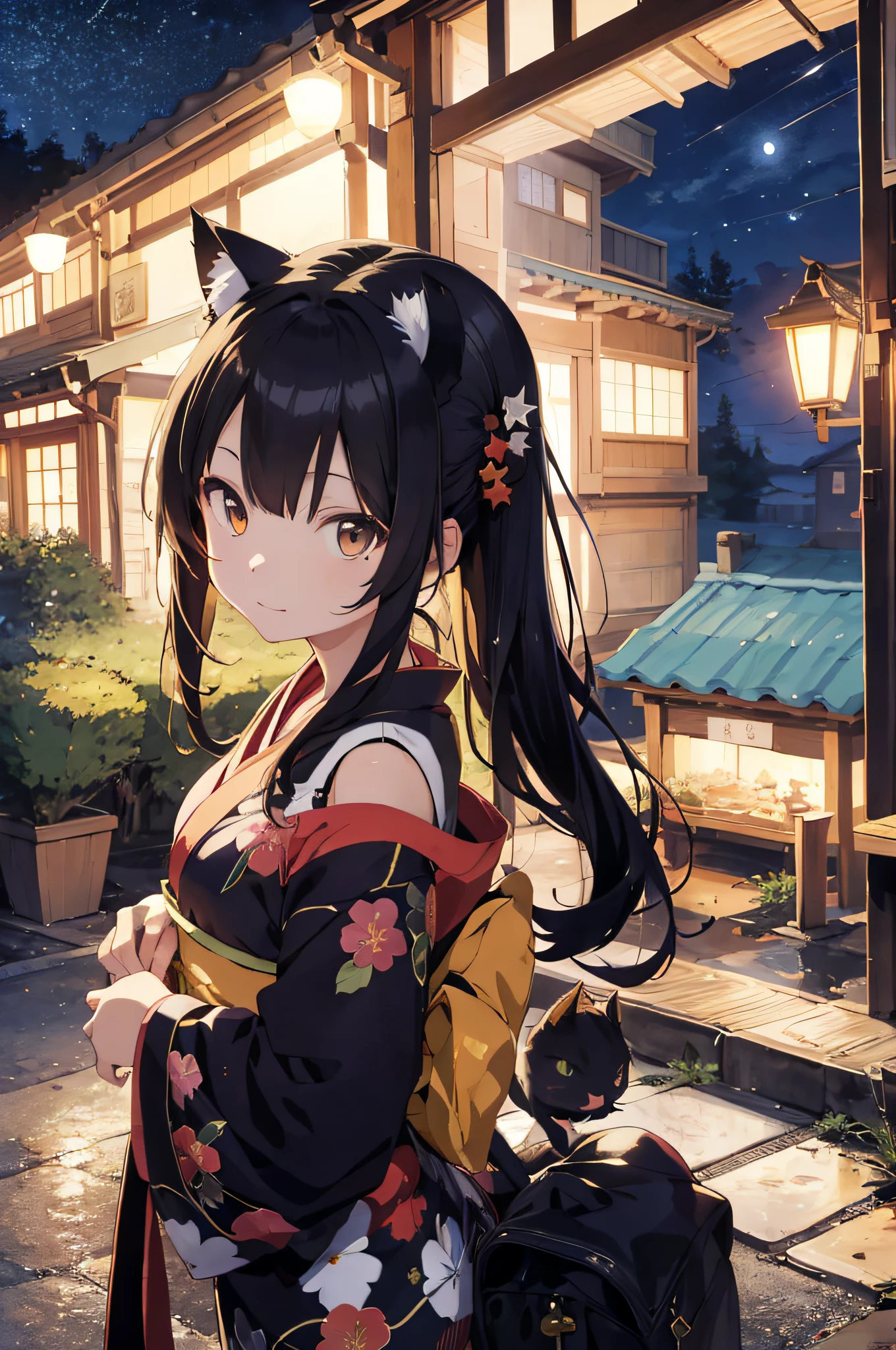 Anime cat ear girl in kimono clothes with cat ears, shoulder looking, anime drawing by Yang J, pixiv contest winner, serial art, digital anime illustration, kawashi, anime style illustration, anime style 4K, beautiful anime portrait, anime style portrait, anime style artwork, Guweiz style artwork, Anime Illustration, Digital Anime Art, Detailed Digital Anime Art, Beautiful Starry Sky, ((Beautiful Night View))