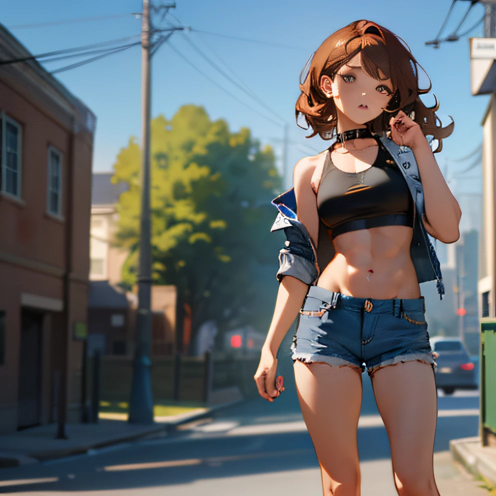 ((medium breast, tomboy girls, small head)), daylight, sunlight, (chiseled abs : 1.1), (perfect body : 1.1), (short wavy hair : 1.2) , auburn hair, collar, chain, full body shot, crowded street, wearing black tanktop, jeans jacket, ((shorts)), (extremely detailed CG 8k wallpaper), (an extremely delicate and beautiful), (masterpiece), (best quality:1.0), (ultra highres:1.0),  beautiful lighting ,perfect lightning, realistic shadows, [highres], detailed skin, ultra-detailed --auto --s2