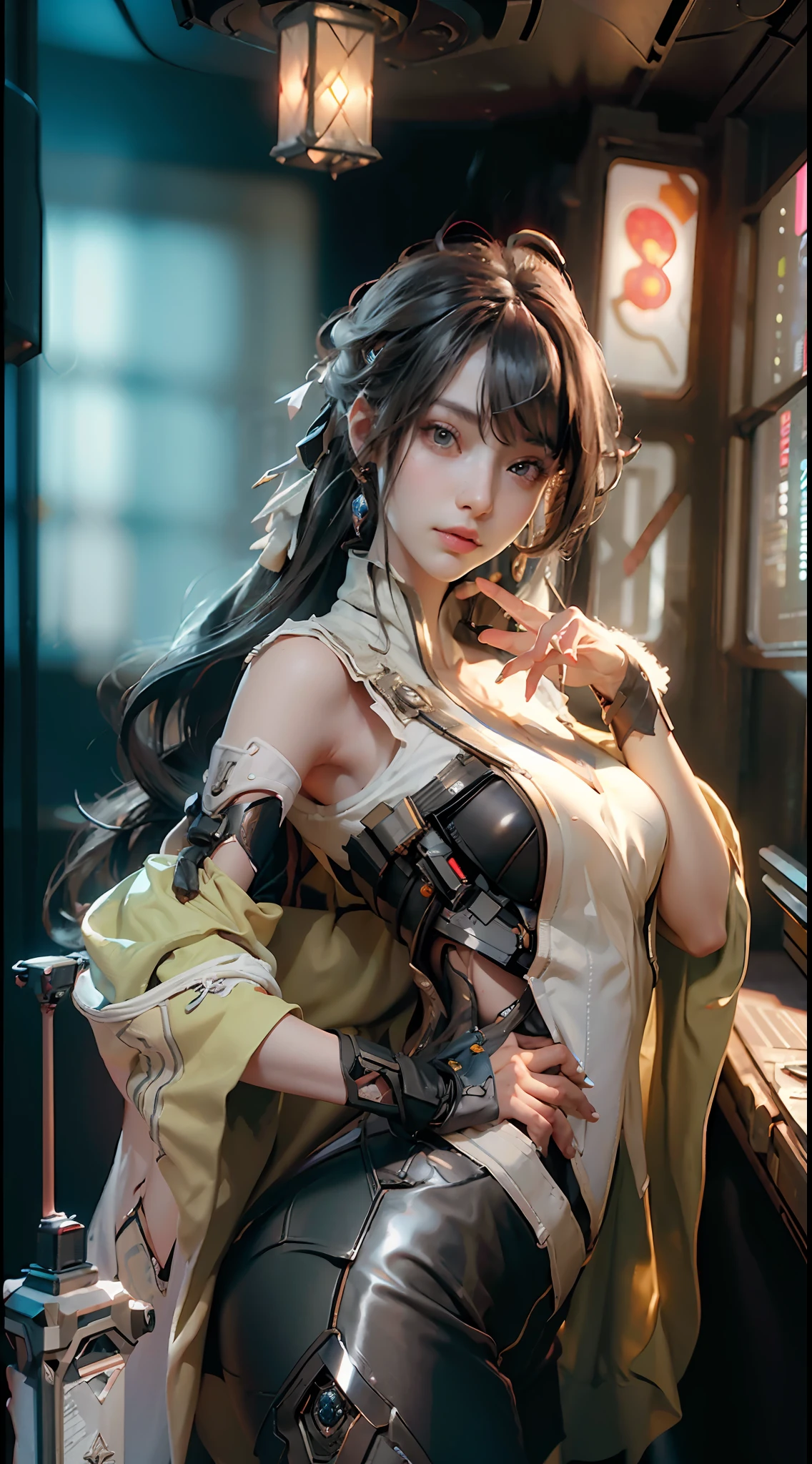 ((Best quality)), ((masterpiece)), (detailed:1.4), 3D, an image of a beautiful cyberpunk female,HDR (High Dynamic Range),Ray Tracing,NVIDIA RTX,Super-Resolution,Unreal 5,Subsurface scattering,PBR Texturing,Post-processing,Anisotropic Filtering,Depth-of-field,Maximum clarity and sharpness,Multi-layered textures,Albedo and Specular maps,Surface shading,Accurate simulation of light-material interaction,Perfect proportions,Octane Render,Two-tone lighting,Wide aperture,Low ISO,White balance,Rule of thirds,8K RAW,