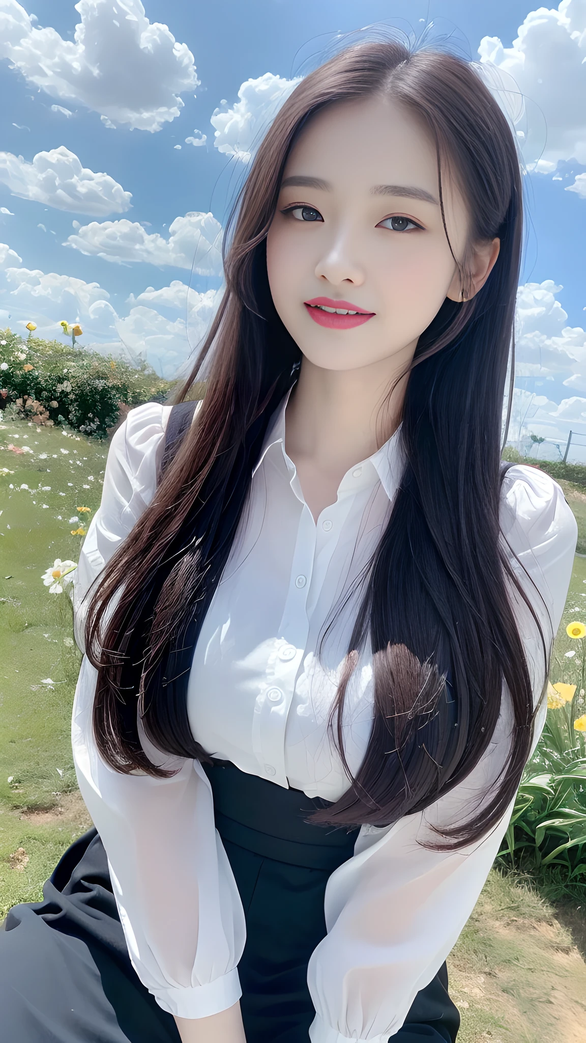 ((Best Quality, 8K, Masterpiece:1.3)), A beautiful girl, pure, melon face, gentle and cute, thin figure, facing right, head to the right, slightly bowed, lips closed, upper body leaning forward, collared shirt, sleeves past wrists, dress shirt, cardigan, capri pants black silky long hair, round black big eyes, clear big eyes, moist red lips, sweet smile, sitting, blue sky and white clouds, sunlight, flower background,