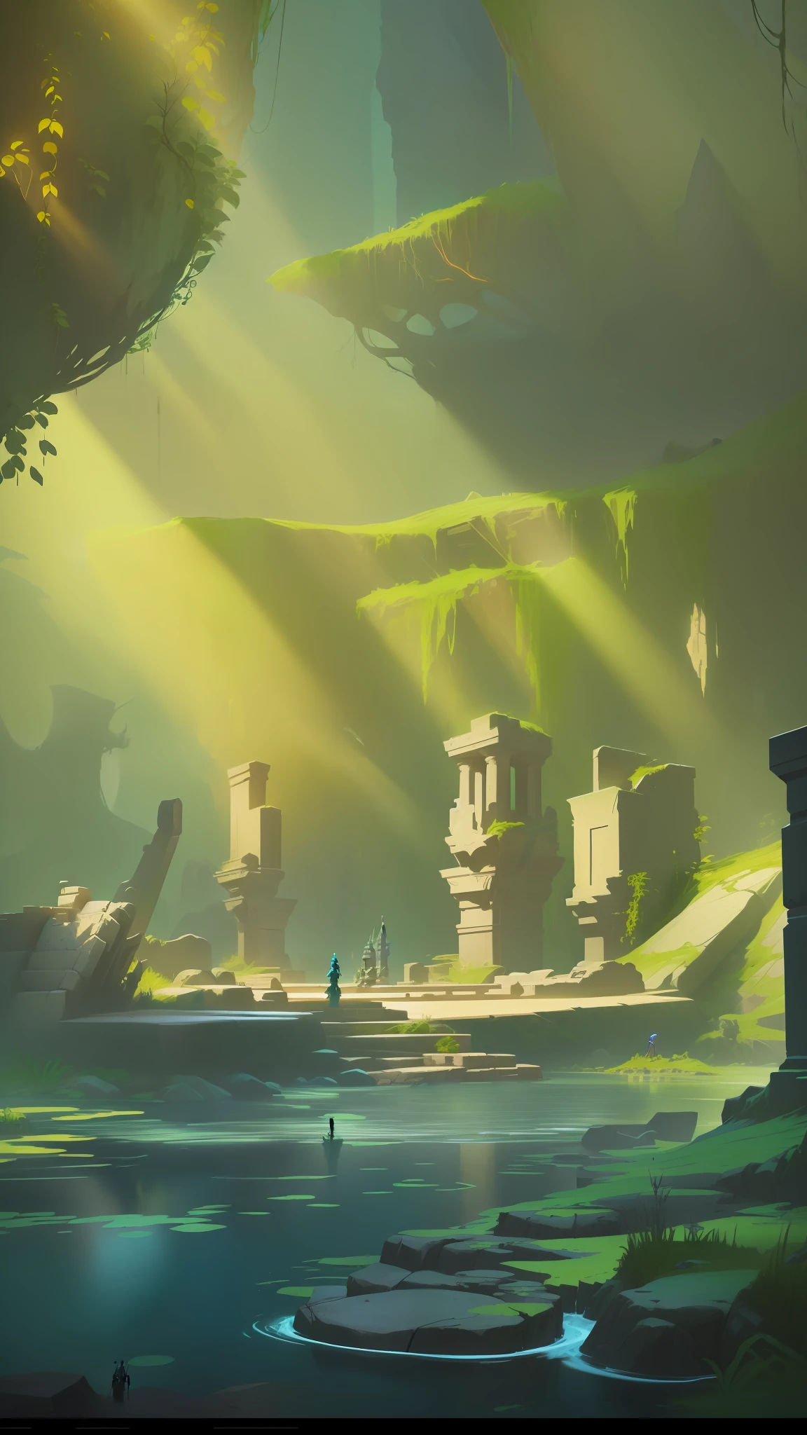 There are two sculptures standing in the water, blender rendering, stylized concept art, environmental art, independent game concept art, environmental concept art, stylized game art, painted as game concept art, environment and concept art, environmental design illustration, environmental painting, ancient ruins in the forest, concept art scene, game concept art, environmental concept art, landscape game concept art