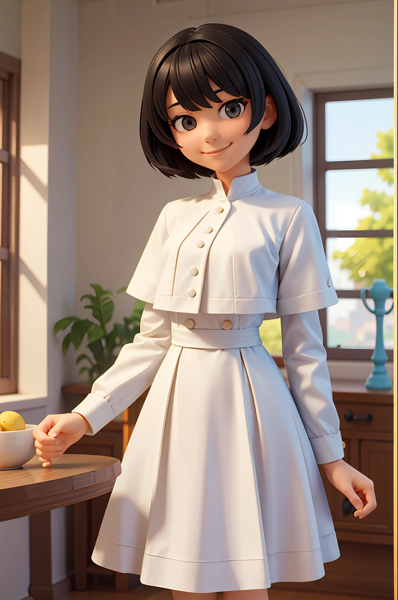 black-haired, short-haired, smiling, white dress, masterpiece, top quality, 1 woman, morning, cowboy shot,