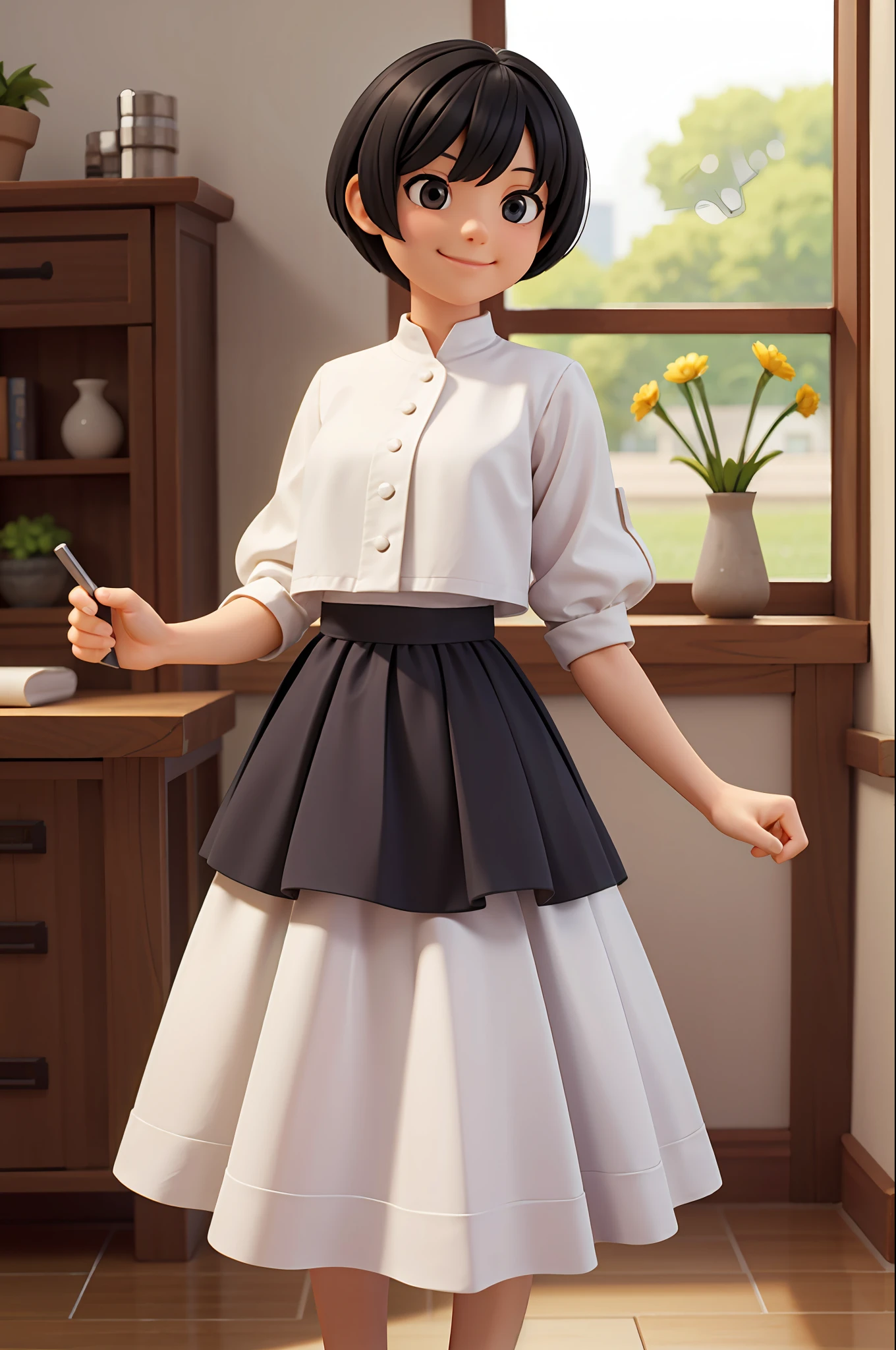 black-haired, short-haired, smiling, white dress, masterpiece, top quality, 1 woman, morning, cowboy shot,